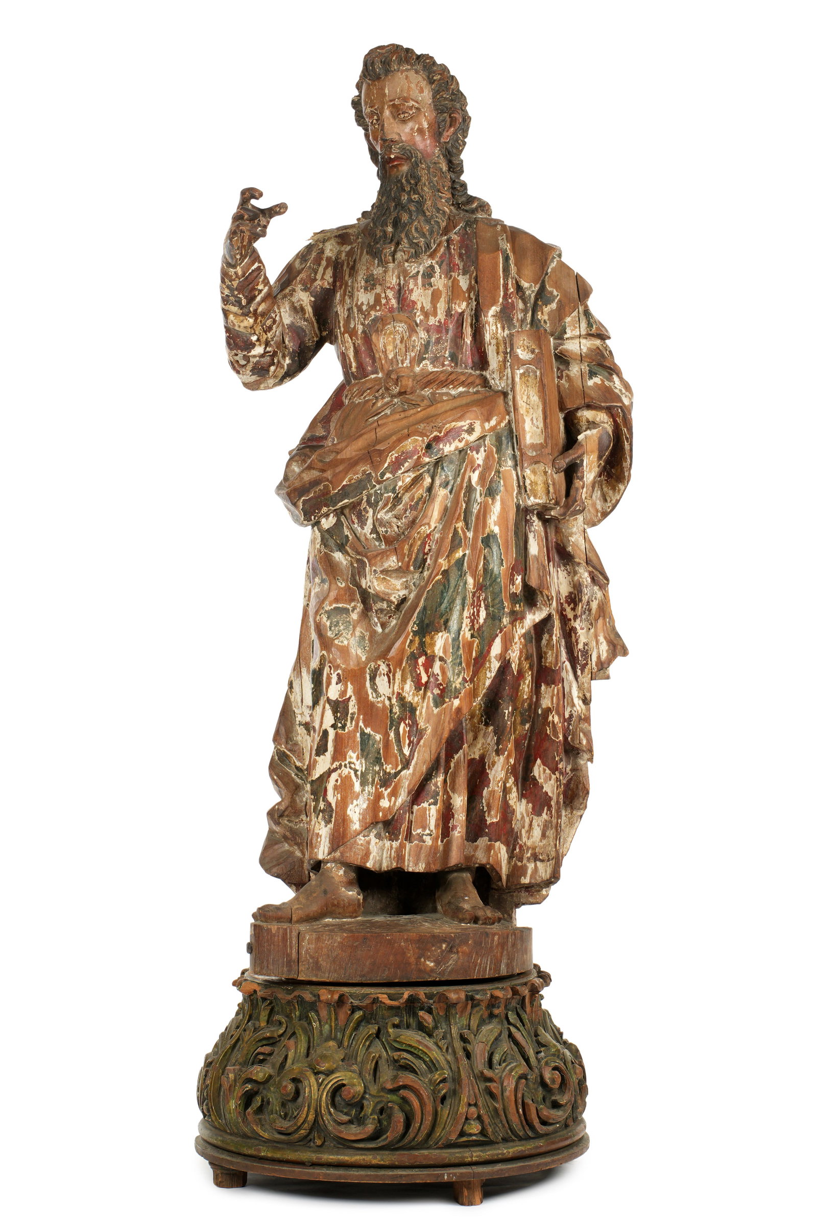 4' Tall Carved Saint John the Evangelist Santos: Large carved and polychrome paint decorated Santos figure of Saint John the Evangelist standing and holding a book. Overall 53" h. x 22" x 16". Condition: Chips, age cracks, and losses. Significant pa