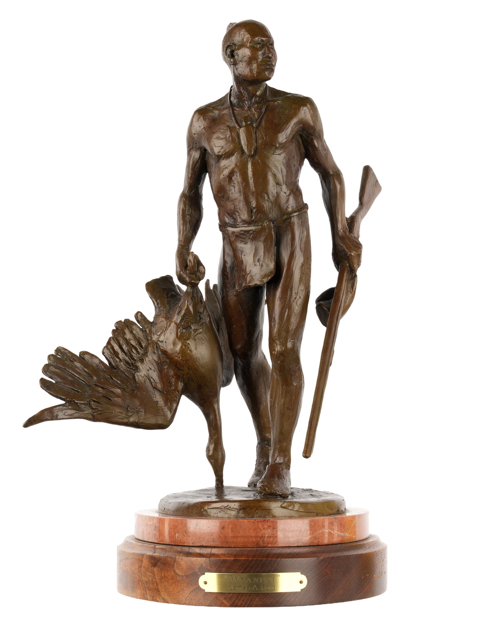 James A. Ford Wyandot Bronze Sculpture: FORD, James A, (American, 20th / 21st Century): "Wyandot" patinated bronze figure of a Native American holding a goose and rifle, signed, dated '06, and numbered 2 / 30, affixed to marble and wood bas
