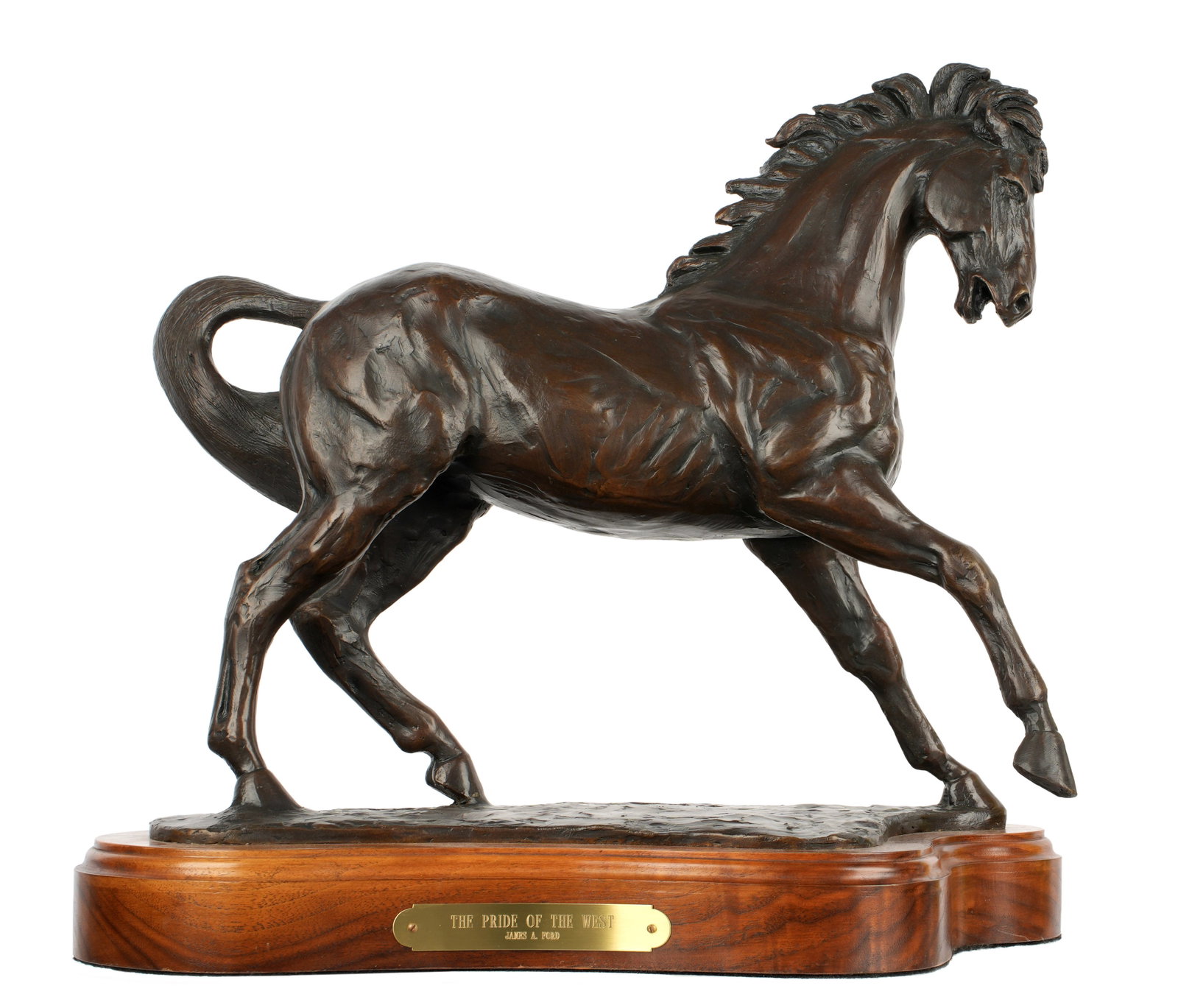 James A. Ford Pride of the West Bronze Sculpture: FORD, James A, (American, 20th / 21st Century): "The Pride of the West", patinated bronze figure of a horse, signed, dated 2017, numbered 1 / 5. Affixed to wood base, overall 16" h. x 17.25" x 9".