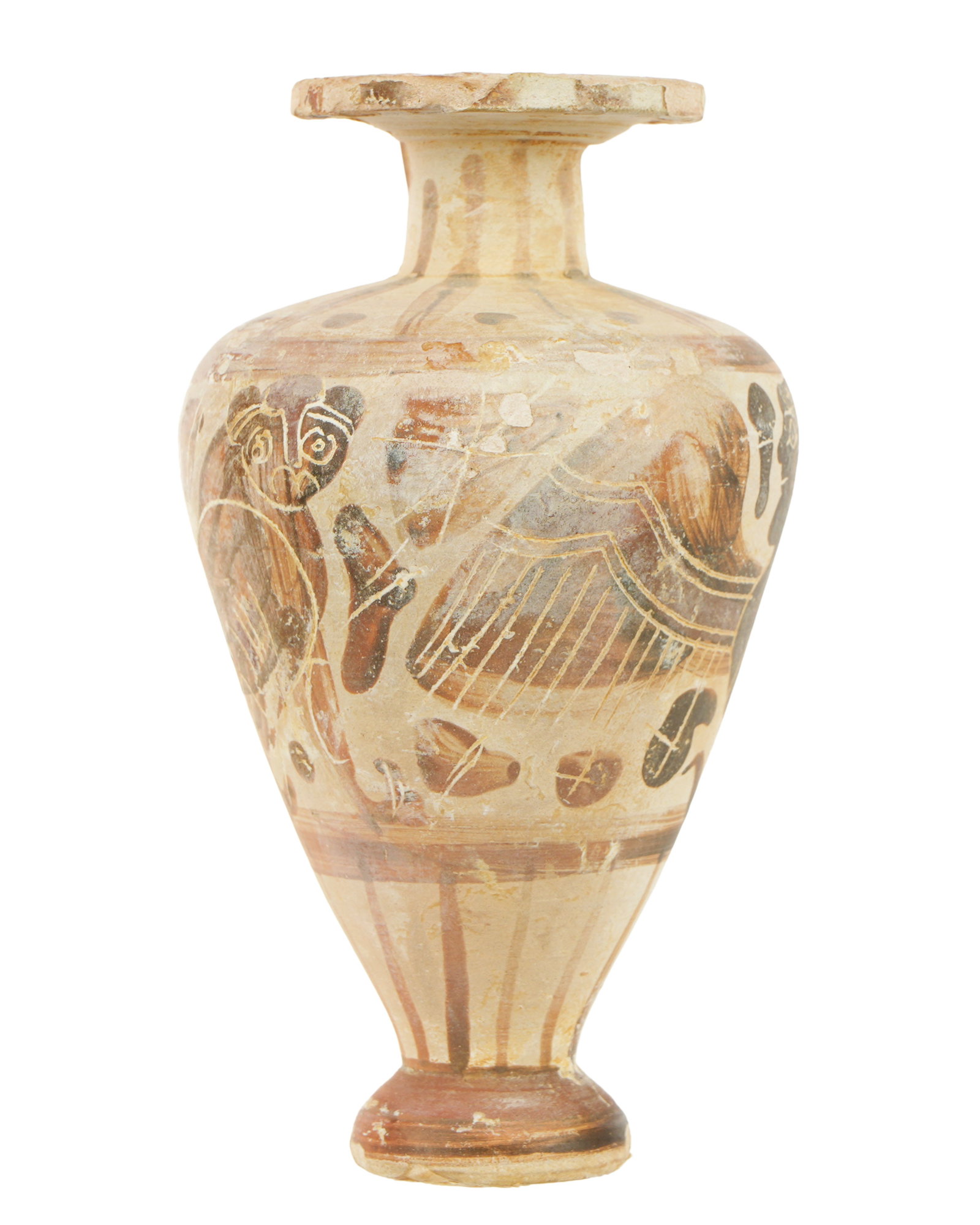 Corinthian Terracotta Piriform Aryballos: circa 2nd Century BC, footed base, narrow neck, thin rim. body depicting feline panther or lioness one side. Anthropomorphic siren other side, rosettes and foliate designs. Overall 4" h. x 2.5". Prove