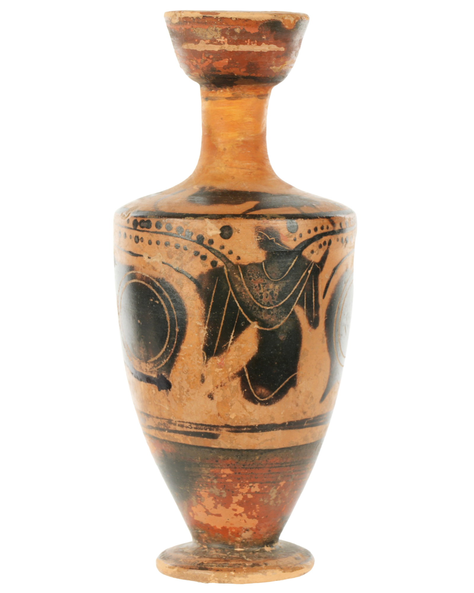 Attic Black Figure Eye Lekythos: circa 5th Century BC, black painted lady of fashion with dotted sprawling tendrils, stylized owl eyes wither side, lower bands. Overall 5.5" h. x 2.5". Provenance: Private Collection in Sarasota, purc