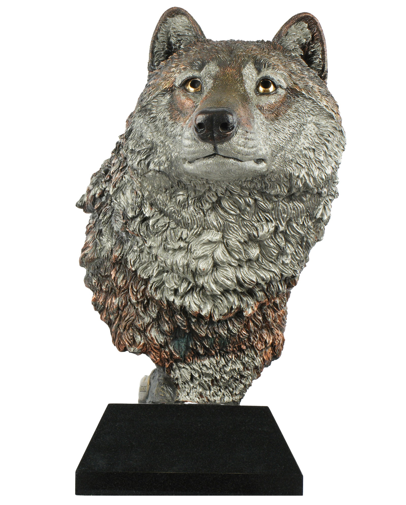 Kitty Cantrell Nakoma the Wanderer Bronze Wolf: CANTRELL, Kitty, (American, b. 1956): Frome the Legends series, "Nakoma, The Wanderer" patinated bronze figure of a wolf's head, signed, titled, dated 1993, and numbered 25 / 350. Affixed to black mar