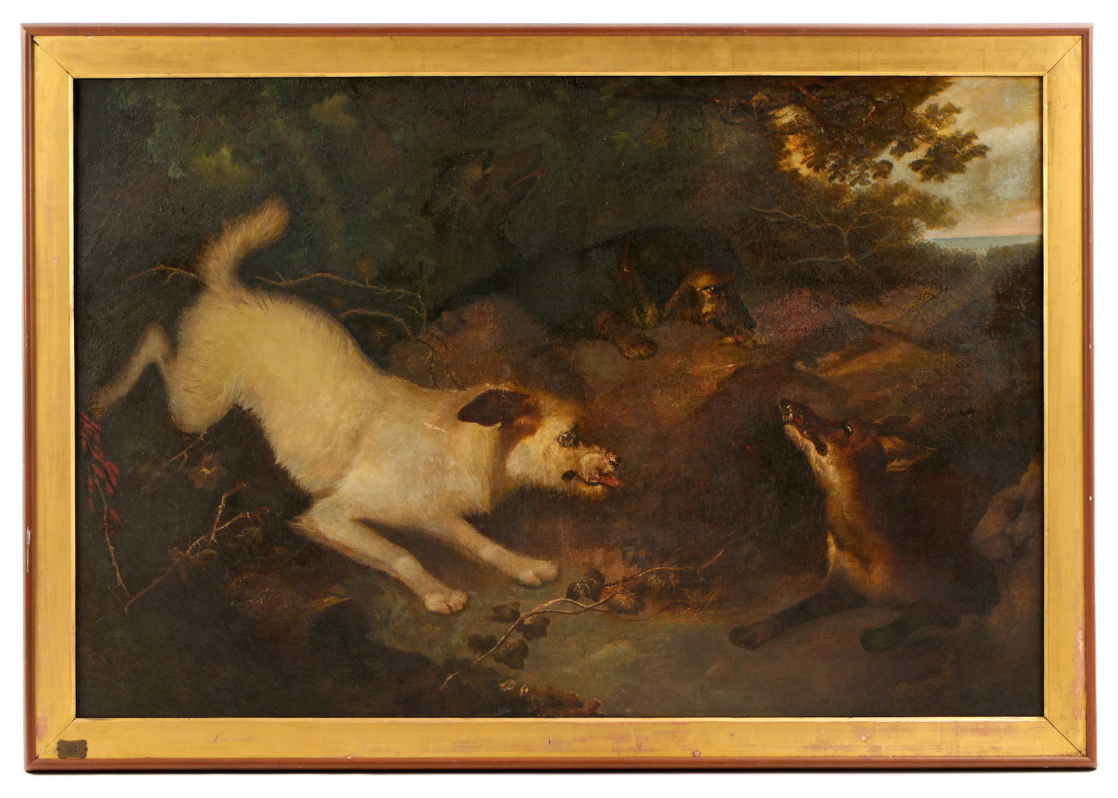 19th C. British School Terriers and Fox Hunt Scene: 19th Century British School depiction of two terriers dogs trapping a fox in its den, Oil on Canvas, no visible signature, 32.5" x 49.5, framed 39" x 56". Condition: Craquelure, scattered inpaint.