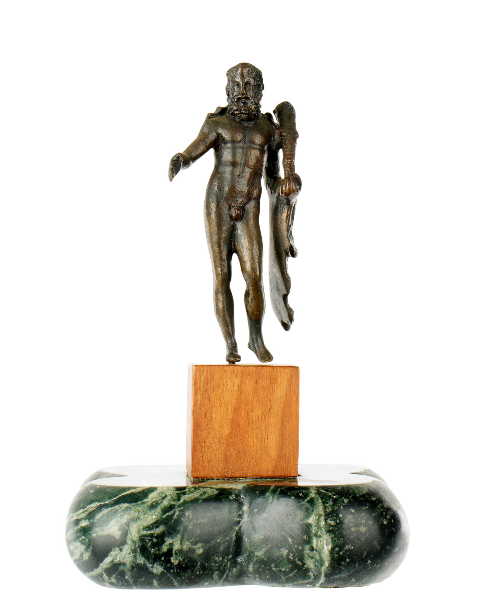 Exhibited Roman Bronze Figure of Hercules: Eastern Mediterranean, circa 1st-2nd Century AD, Figure of Hercules with club in left hand, lion skin draped over left arm. Figure 3.25" h., affixed to wood and marble base, overall 5.75" h. x 3.5" x 