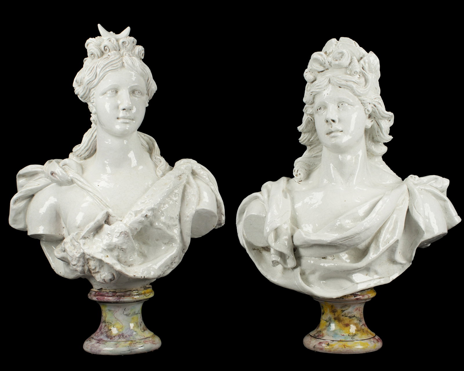 Pair Large Italian Faience Apollo and Diana Busts (1 of 2)