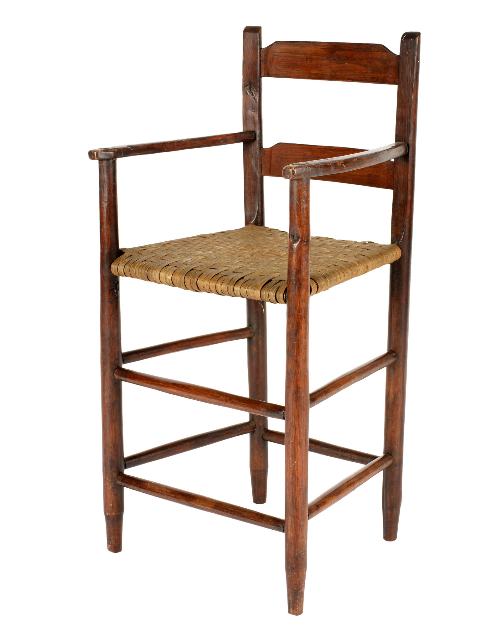 America Pine Woven Seat Childs High Chair: 19th Century pine frame childs high chair, woven rush seat, overall 36" h .x 18" x 15". Condition: Chips, abrasions, and wear, please see photos.