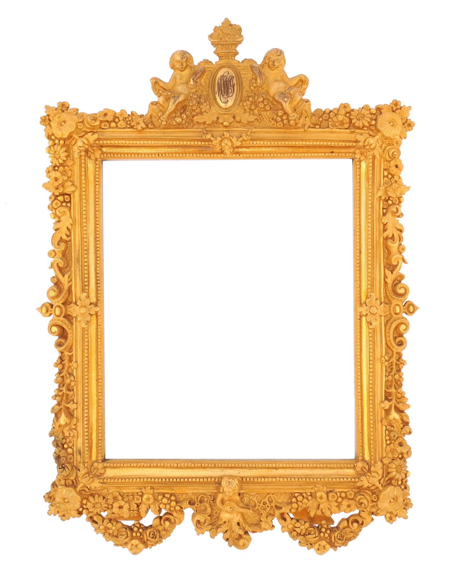 French Louis XVI Style Bronze Dore Picture Frame: gilt bronze frame, crest with urn of flowers center finial, figural putti. Floral and fruiting vines sides, lower putti musician finial. marked FE on back. Overall 10" x 6.75", holds 6" x 5" picture.