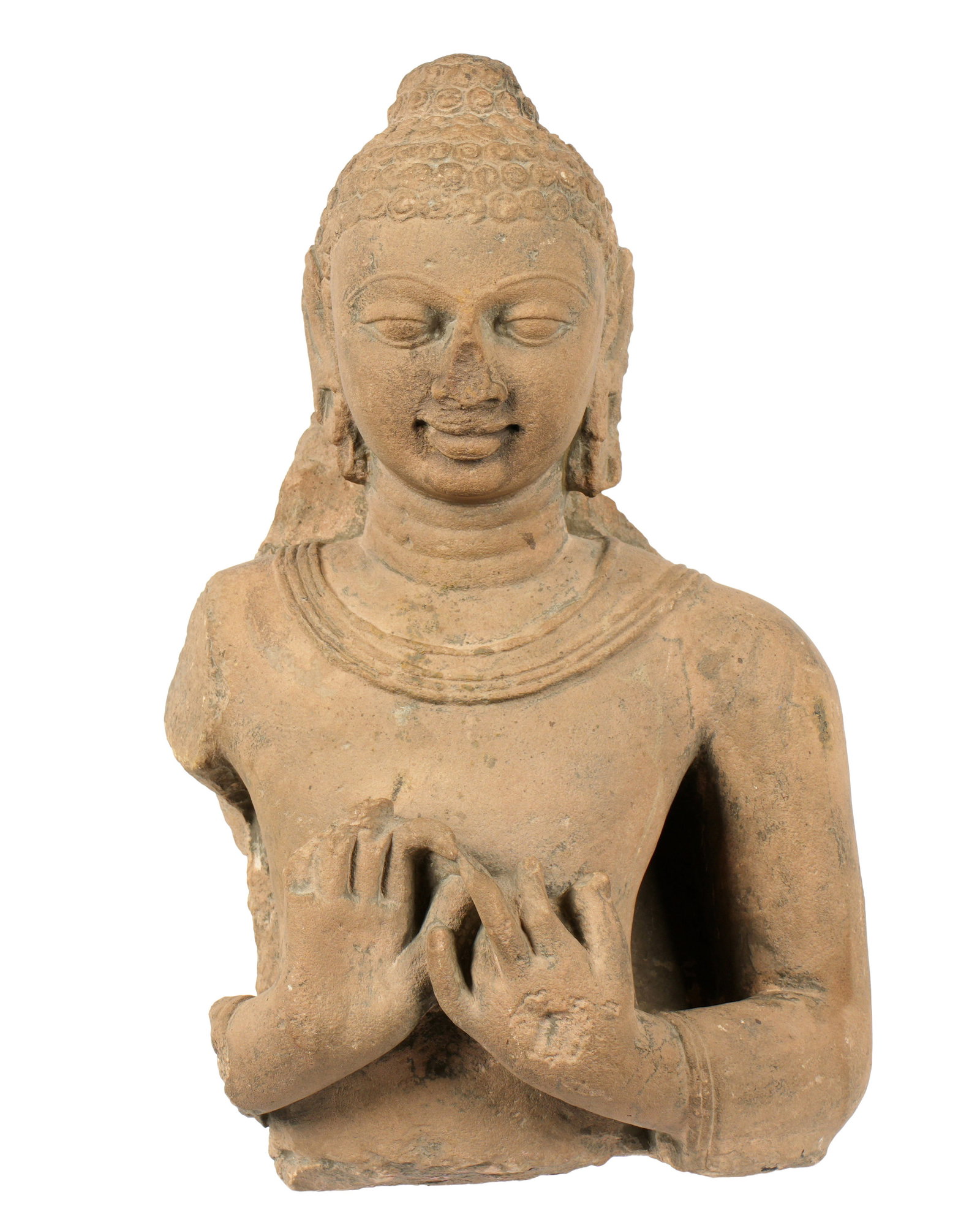 Important Indian Sandstone Buddha Bust: India, circa 6th - 7th Century AD, sandstone bust depicting Buddha, overall 16.5" h. x 11" x 7.75". Provenance: Private Collection in Sarasota, purchased Arte Primitivo auction. Previously: Wayne Cane