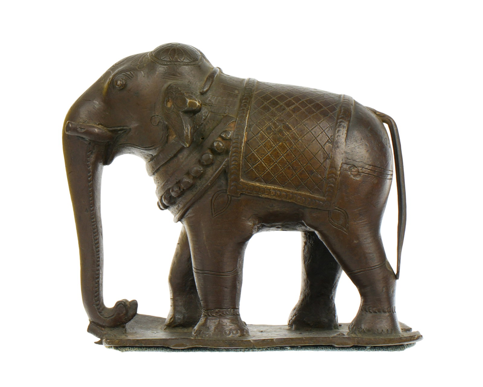 17th Century Indian Bronze Figure of an Elephant: India, 17th Century, bronze figure of a standing elephant with blanket and other adornments, overall 5.75" h. x 7" x 3.5". Provenance: Private Collection in Sarasota, purchased Arte Primitivo auction.