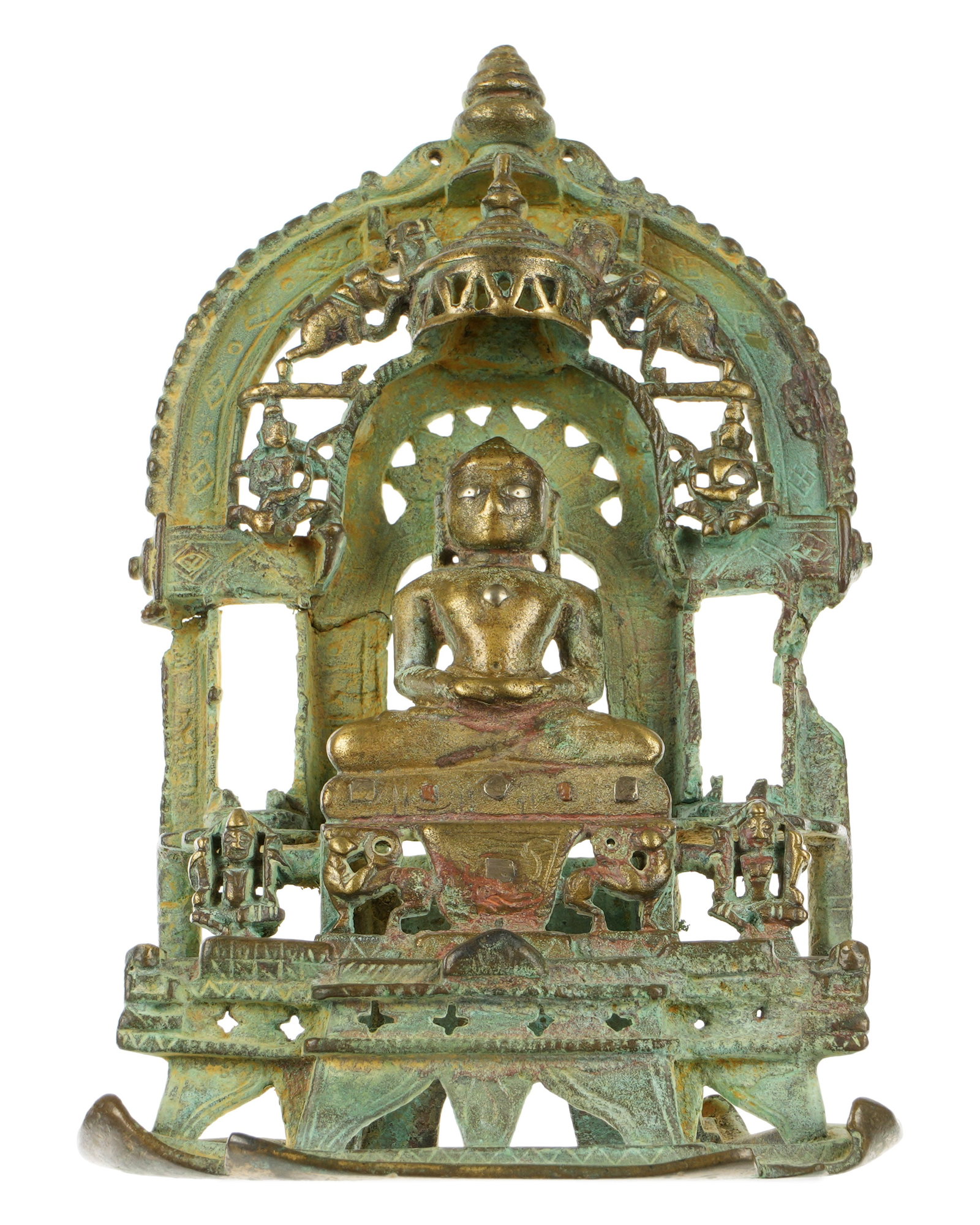 Indian Bronze Jian Seated Buddha Shrine: India, circa 17th-18th Century AD, figure of a seated Buddha in lotus position surmounted with a shrine. Writing verso. Overall 5.5" h. x 3.75" x 2.5". Provenance: Private Collection in Sarasota,