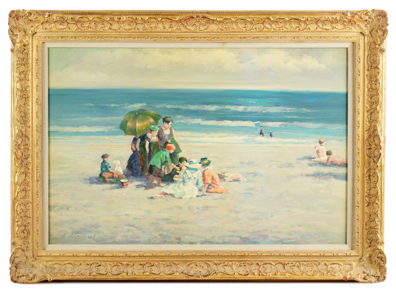 Alexandre Blanchard Beach with Figures Painting: BLANCHARD, Alexandre, (French, 20th Century): Idyllic beach scene with figures sitting and frolicking, Oil on Canvas, signed lower left, 24" x 36", framed 32.5" x 44.5".
