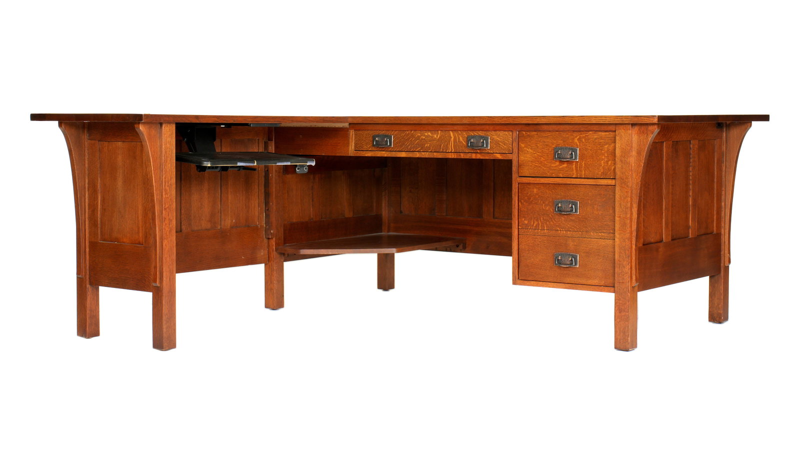 Stickley Executive Oak Desk: 1990's Stickley desk with attached computer side table, glass top, single center drawer, right side two drawers, open shelf left side. Computer table with slide out keyboard shelf, no glass. Desk 30.5