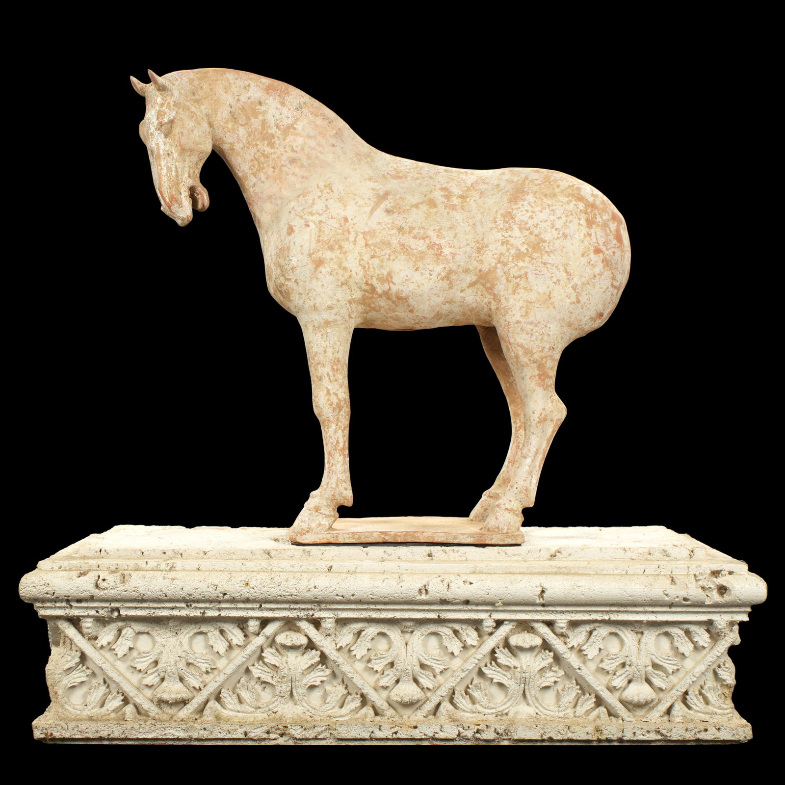 Chinese Tang Dynasty Pottery Horse: Chinese, Tang Dynasty 618AD - 906AD, ceramic pottery figure of a standing horse, overall 21.5" h. x 21" x 7". Sold with composite base 8" h. x 30.5" x 14", and acrylic case 27.5" h. x 23" x 10.5".