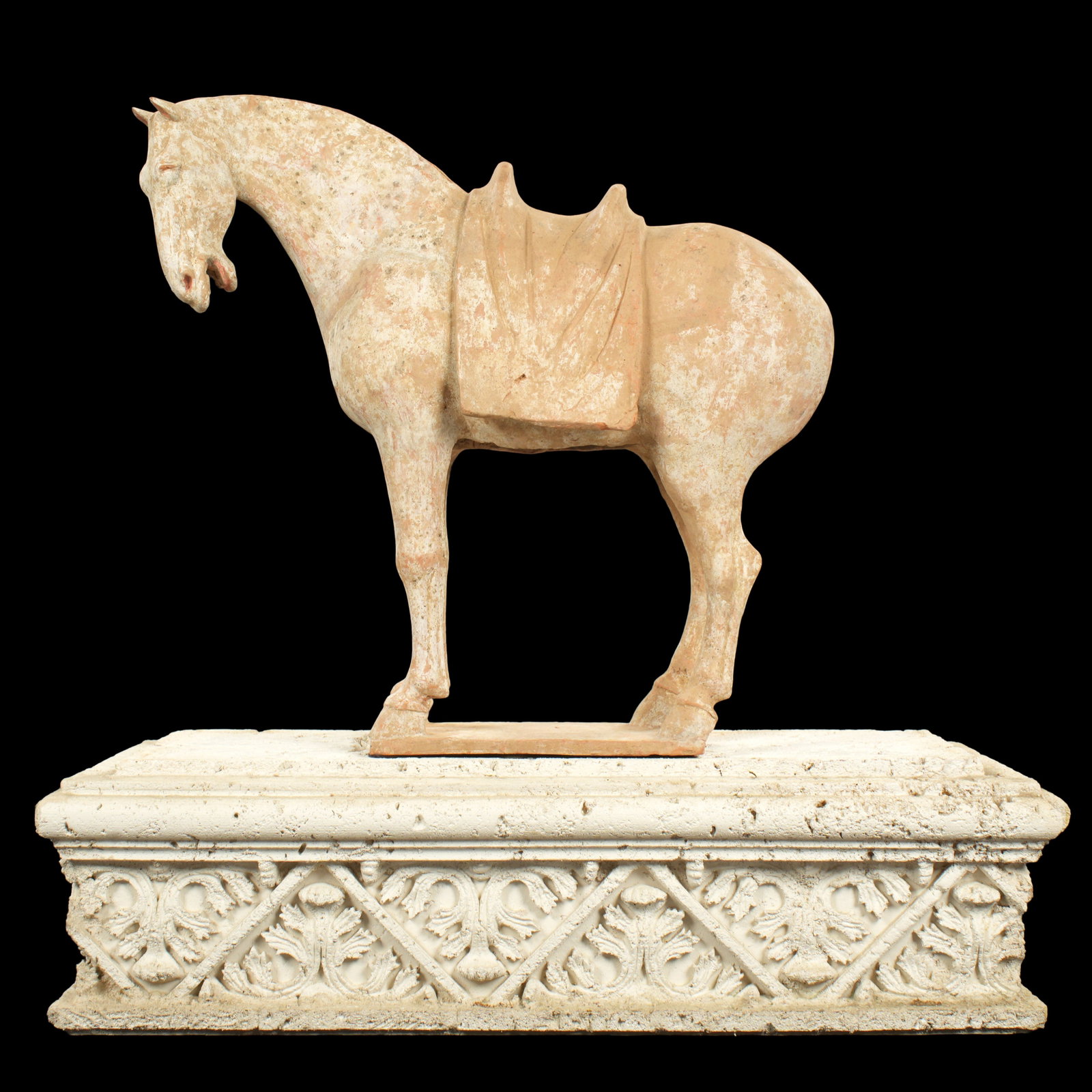 Chinese Tang Dynasty Pottery Horse with Saddle: Chinese, Tang Dynasty 618AD - 906AD, ceramic pottery figure of a standing horse with saddle, overall 21.5" h. x 21" x 7". Sold with composite base 8" h. x 30.5" x 14", and acrylic case 27.5" h. x 23"