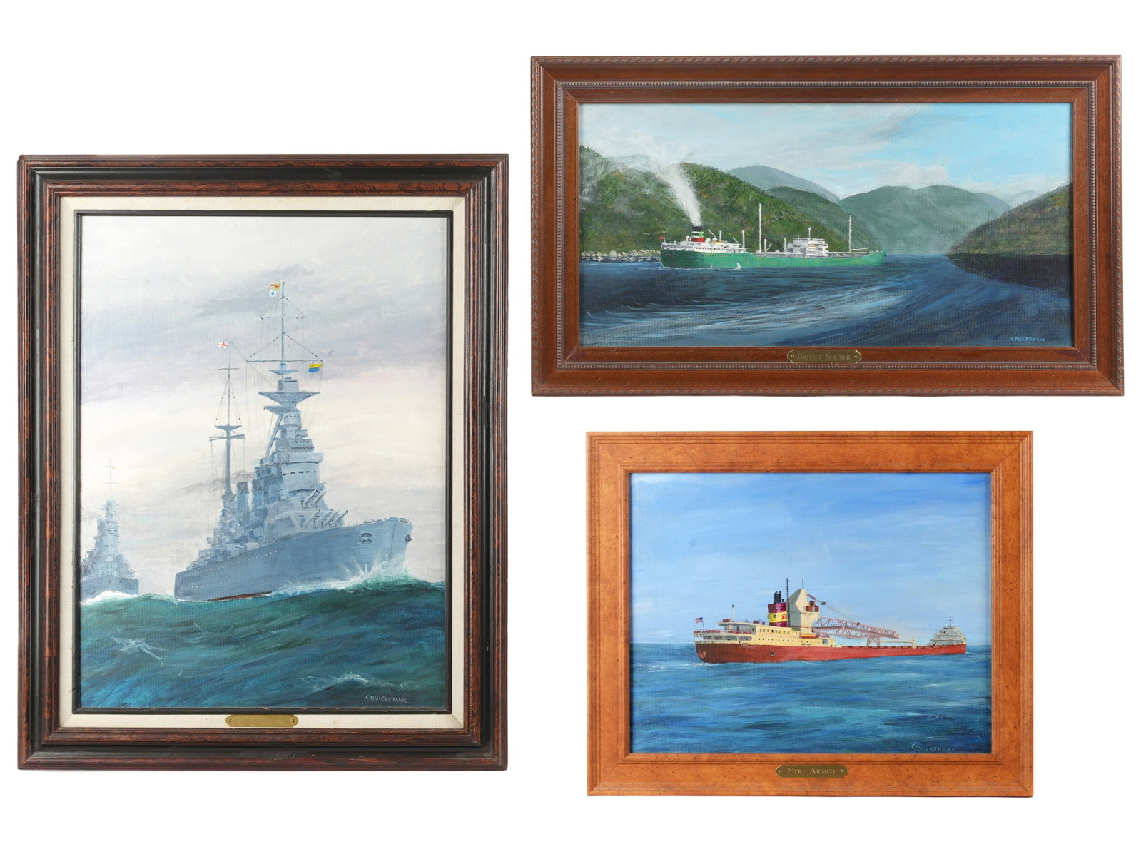 Three Bud Cruickshank Nautical Painting: CRUICKSHANK, Bud, (Canadian, 20th Century): Three nautical ships portraits, all Acrylic & Pencil on Board, signed, information of ships verso, to include 1 ) "Dreadnoughts", 24" x 18", framed 29.5" x