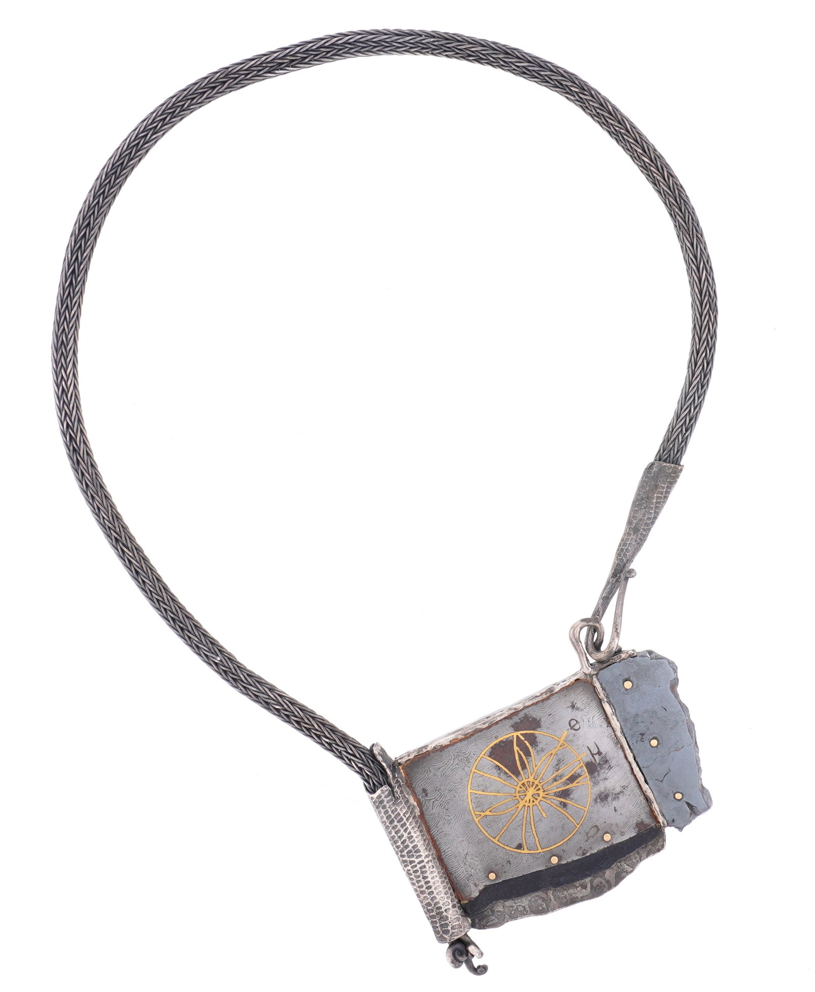 Brutalist Silver Hematit Talisman Pendant Necklace: Mid Century Brutalist silver amulet talisman pendant with heavy silver rope necklace, natural edge hematite and inlaid gold accents. Unknown makers mark JC and other impressed markings. Amulet 2.75"