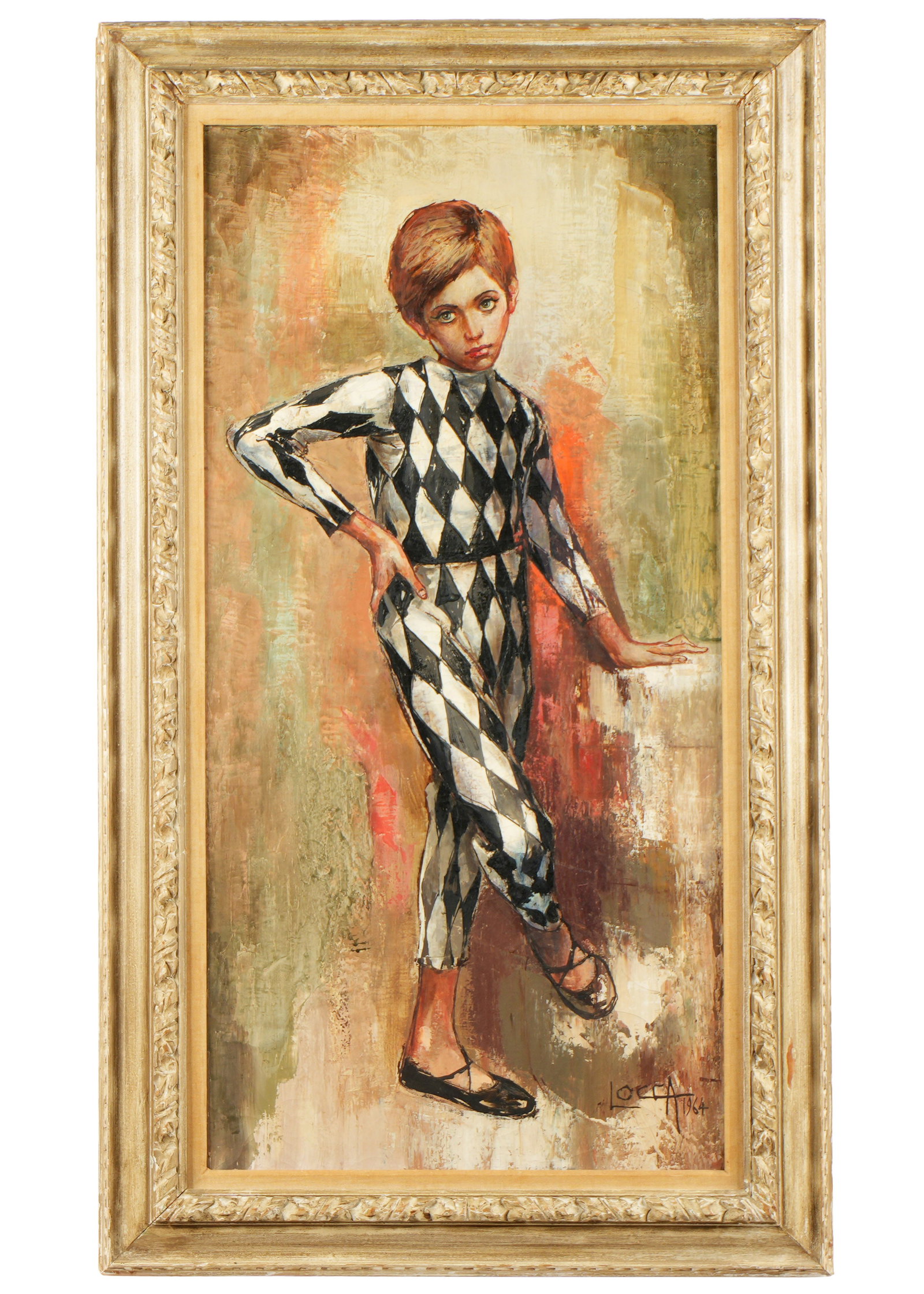 1964 Bernard Locca Portrait of a Harlequin: LOCCA, Bernard, (French, 1926-1997): Portrait of a young harlequin with ballet slippers on, Oil on Canvas, signed and dated 1964 lower right, 39.5" x 19.75", framed 46.75" x 27.25".