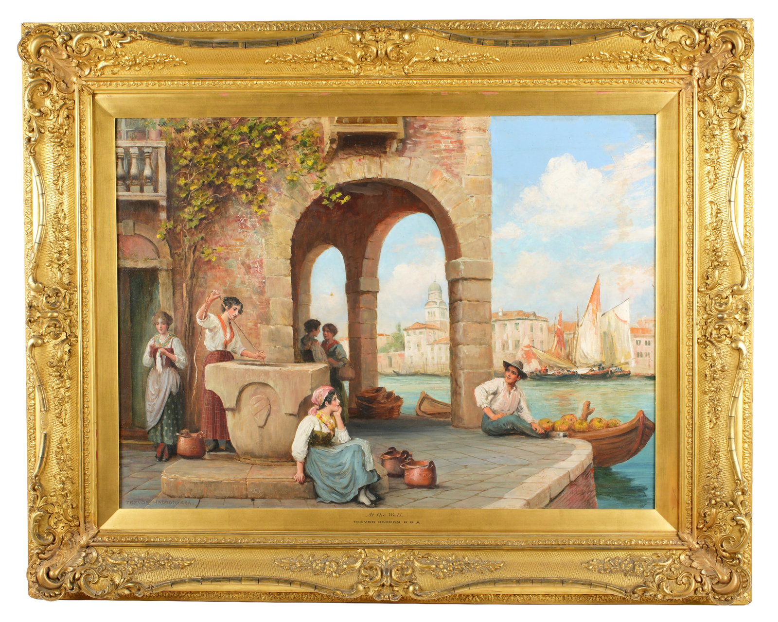 Trevor Haddon At The Well Venetian Canal Painting: HADDON, Arthur Trevor, (British, 1864-1941): "At The Well", Venetian Canal scene with figures gathering water, Oil on Canvas, signed lower left, 22" x 30", framed 32" x 40". Condition: Scattered inpai