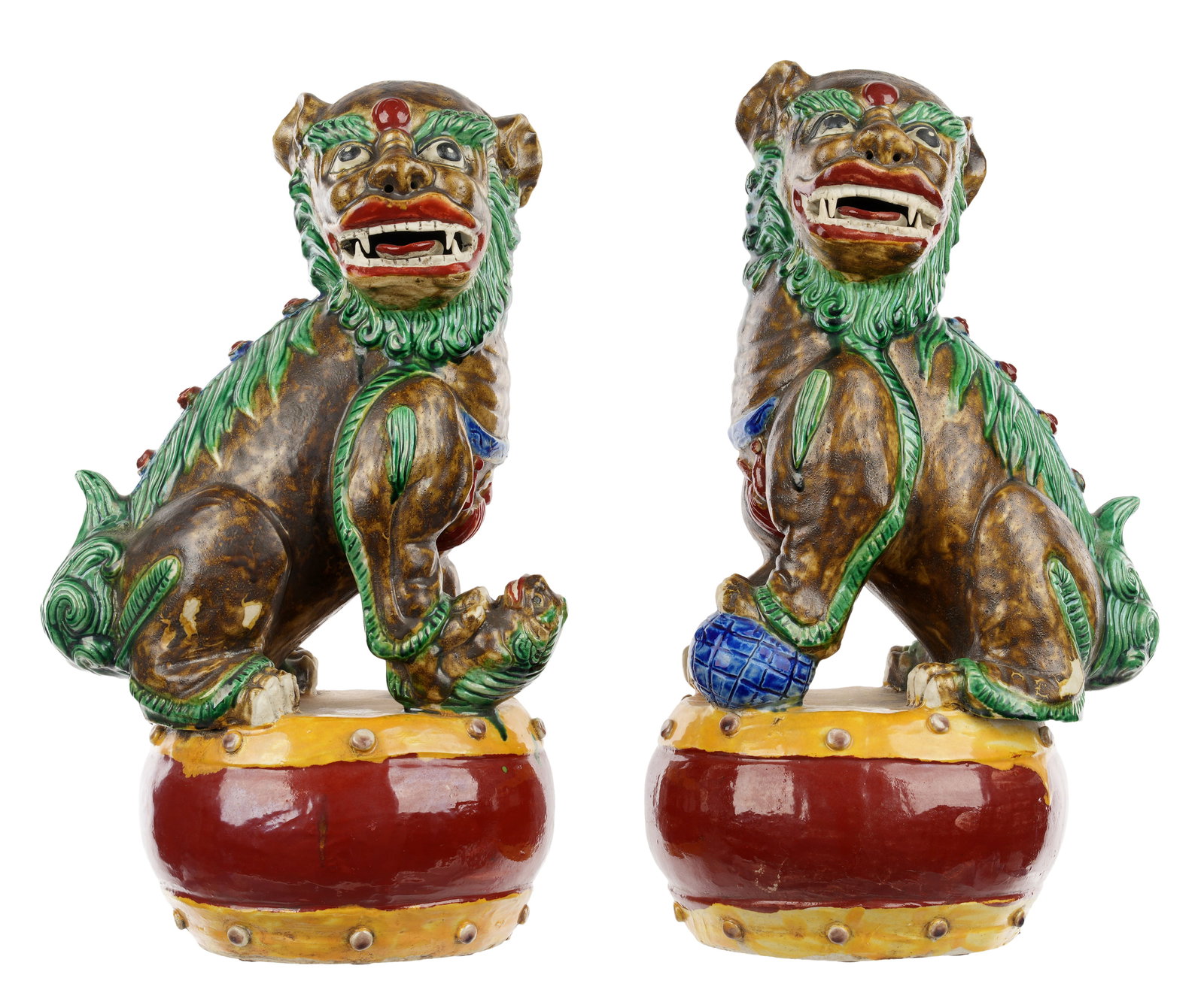 Pair Chinese Sancai Glazed Ceramic Foo Dogs (1 of 8)