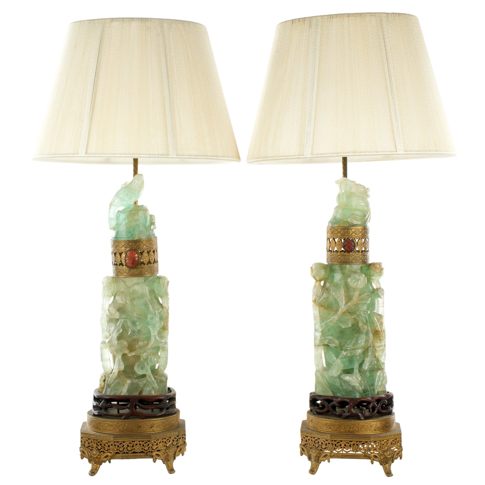 Pair Chinese Carved Green Quartz and Brass Lamps (1 of 6)