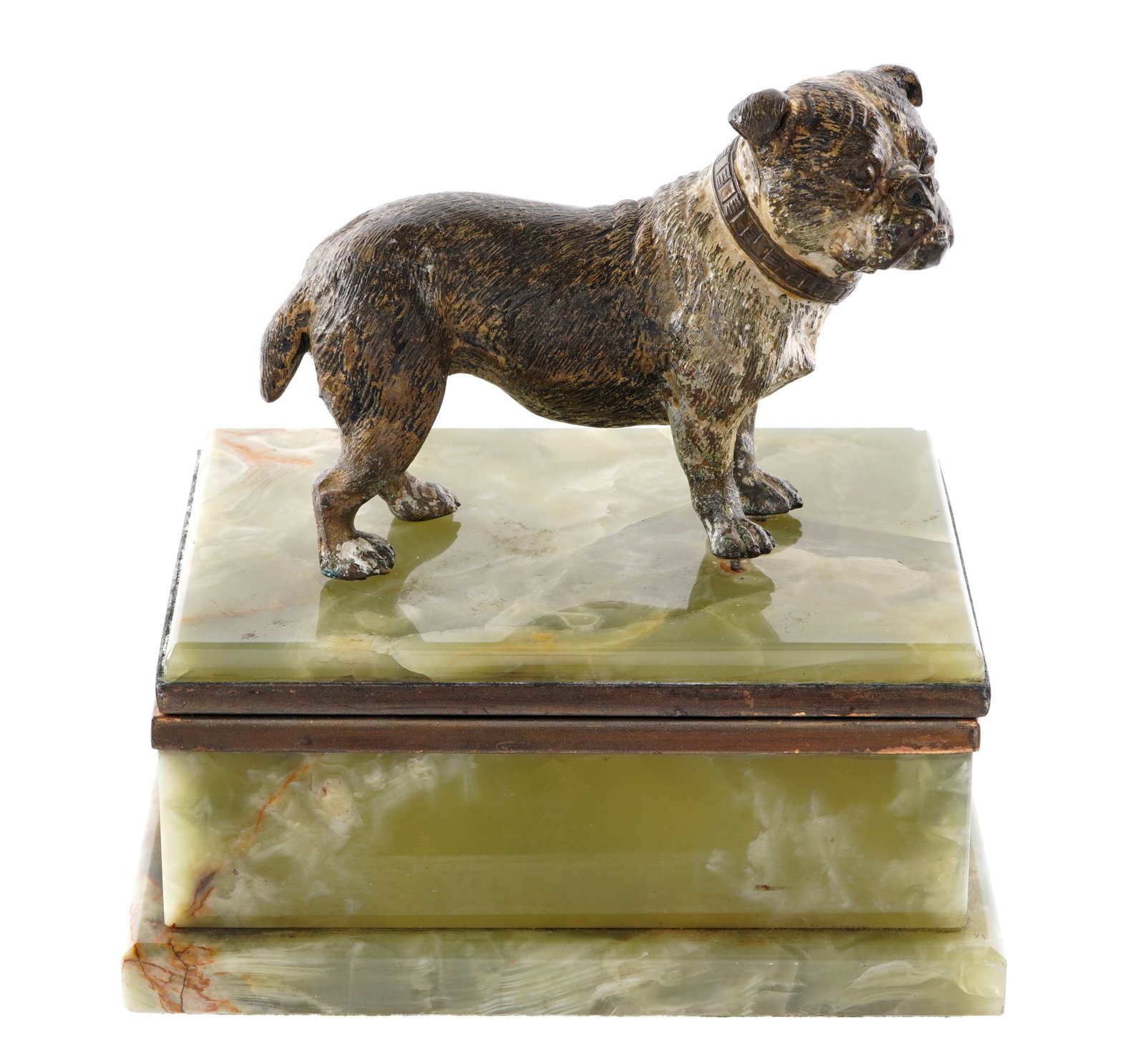 Onyx and Bronze Bulldog Dresser Box: Onyx body and hinged lid with brass trim. Austrian cold painted bronze figure of a bulldog finial. Overall 5.5" h. x 6" x 4". Condition: Onyx with chips, natural fissures. Uneven patina on brass. Repa
