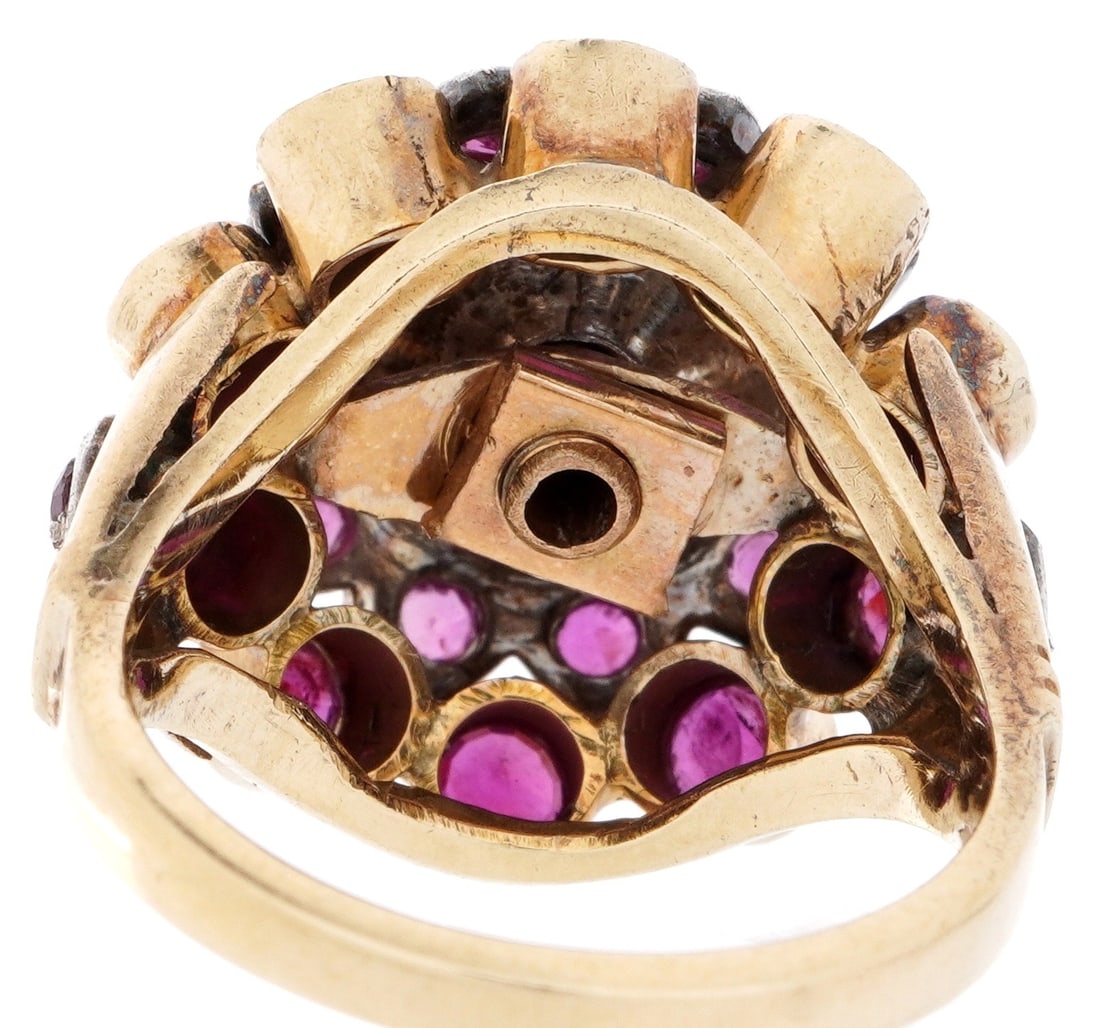 14k Gold and Ruby Cluster Cocktail Ring - 7