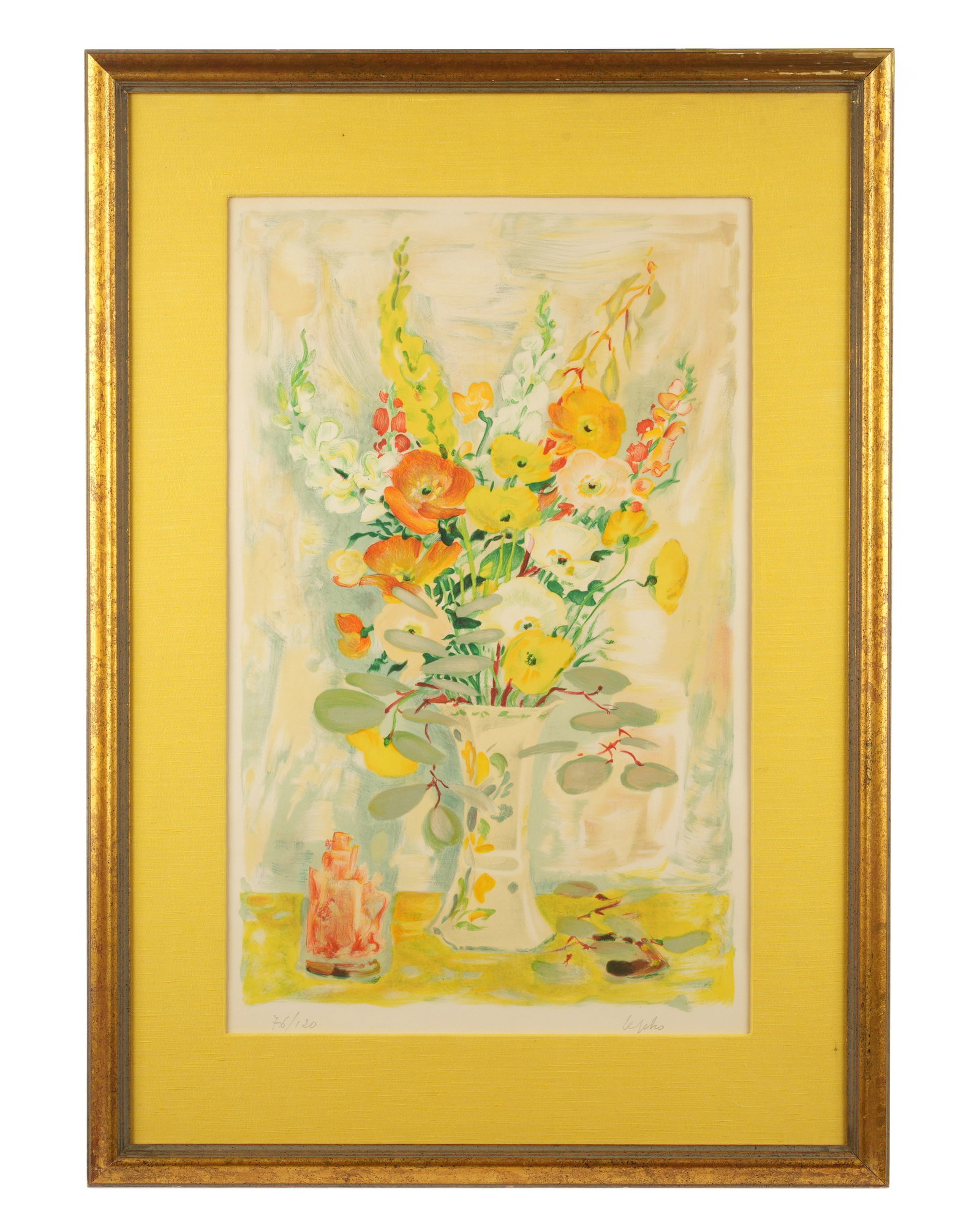 Le Pho The Bouquet Still Life Lithograph: LE PHO, (Vietnamese 1907-2001): "The Bouquet" still life of flowers, Lithograph in Colors on Paper, pencil signed lower right, numbered 76 /102 lower left, sight size 25.5" x 16", framed 34" x 26. Not