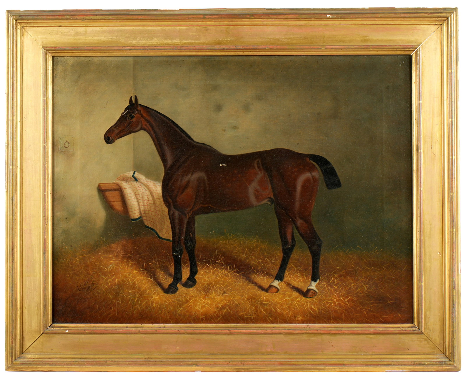 1875 Edward Corbett Portrait of a Race Horse: CORBETT, Edward, (French, 1815-1890): Portrait of unidentified race horse in stall, Oil on Canvas, signed and dated 1875 lower left, 18.25" x 23.75", framed 23.75" x 29.75". Condition: Craquelure, iso