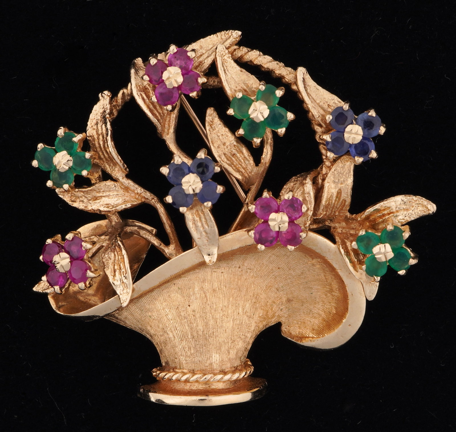 14k Gold Multi Color Topaz Flower Basket Brooch: Stamped 14k yellow gold with makers marks, basket form pin back brooch with red and blue stones testing as topaz, green stone test as chrysoprase. Overall 1.5" x 1.5". Approx. 13.3 grams inclusive.