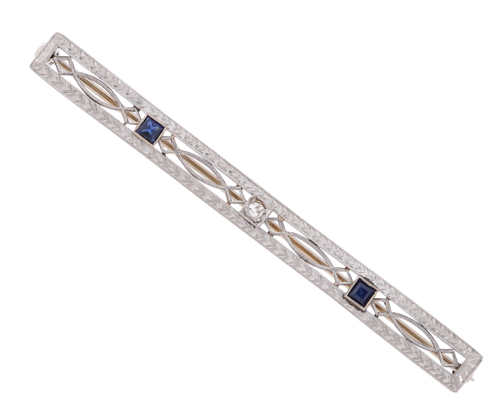 14k Gold Sapphire & Diamond Art Deco Pin: Stamped 14k white gold filigree art deco design pin / brooch with center prong set round accent diamond, approx .05ct, and two bezel set accent square sapphires, approx. 3mm x 3mm. 2.5" long. Approx. 