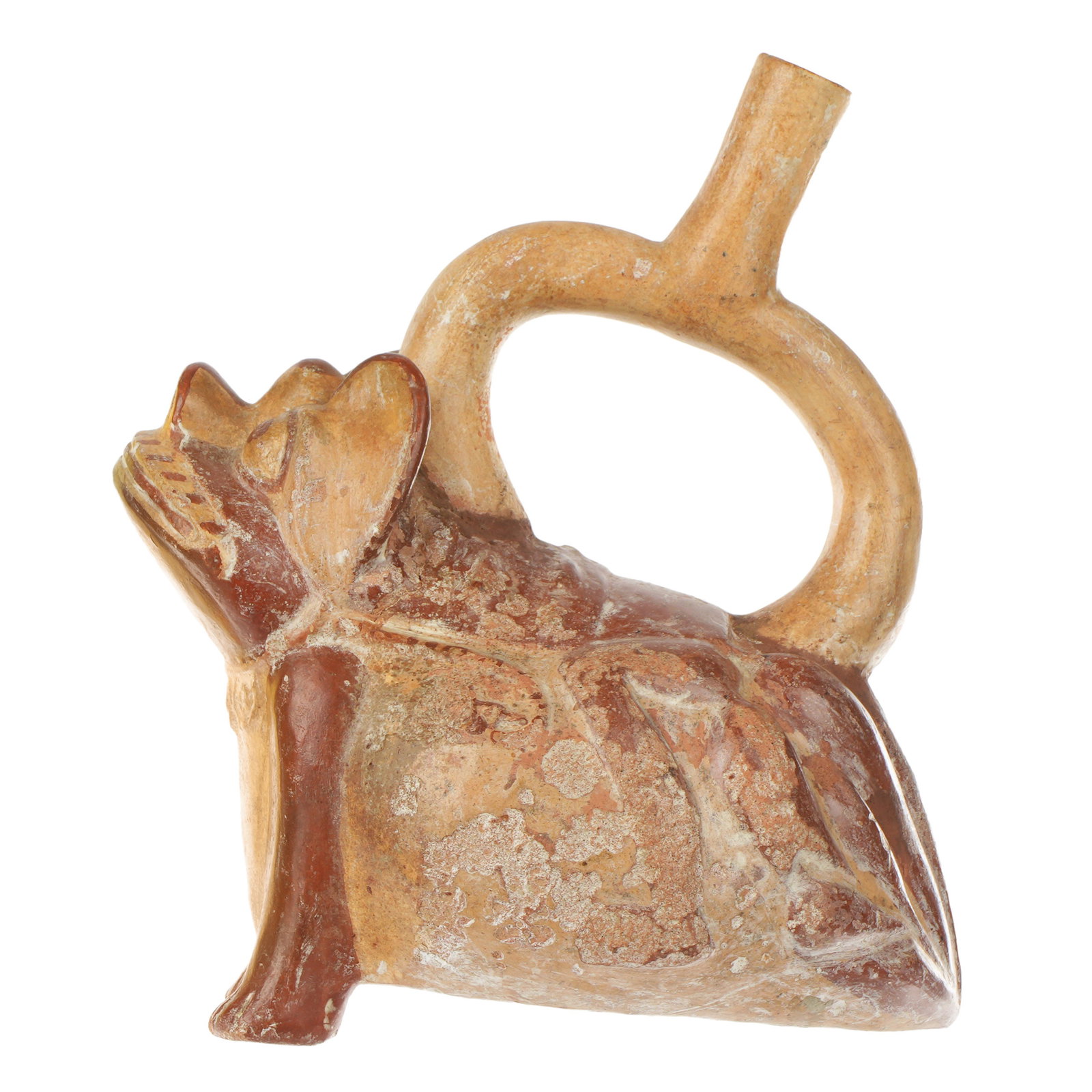 Moche Pre-Columbian Frog Bat Creature Vessel: Moche, circa 500 - 800 AD, stirrup vessel in the form of a composite frog and bat. Overall 8.25" h. x 7.25" x 5". Provenance: Private Collection in Sarasota, purchased Arte Primitivo auction. Previous
