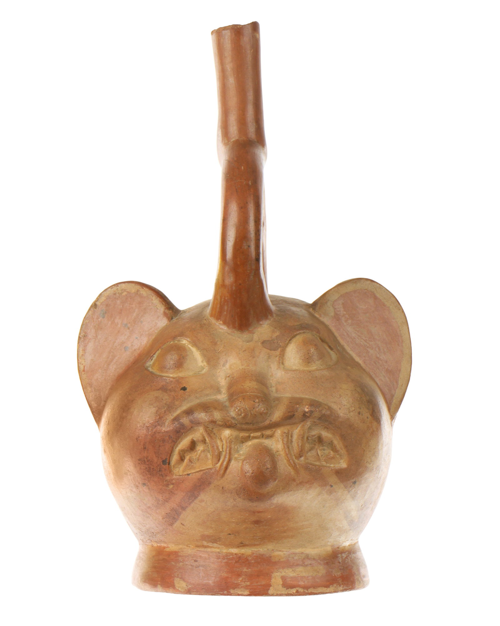 Moche Pre-Columbian Jaguar Stirrup Vessel: Moche, circa 500 -800 AD, stirrup vessel depicting a jaguar head with ears, overall 10.75" h. x 6.5" x 5.25". Condition: Rim chips, repairs. Provenance: Private Collection in Sarasota, purchased Arte 