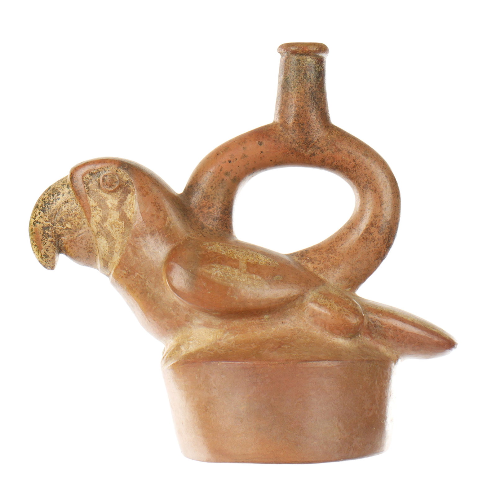 Moche Pre-Columbian Parrot Stirrup Vessel: Moche I, circa 200 - 400 AD, stirrup vessel in the form of a parrot, overall 7" h. x 7.75" x 3.25". Provenance: Private Collection in Sarasota. Previously: John A. Moir Trust; ex. Mirell Gallery, FL.