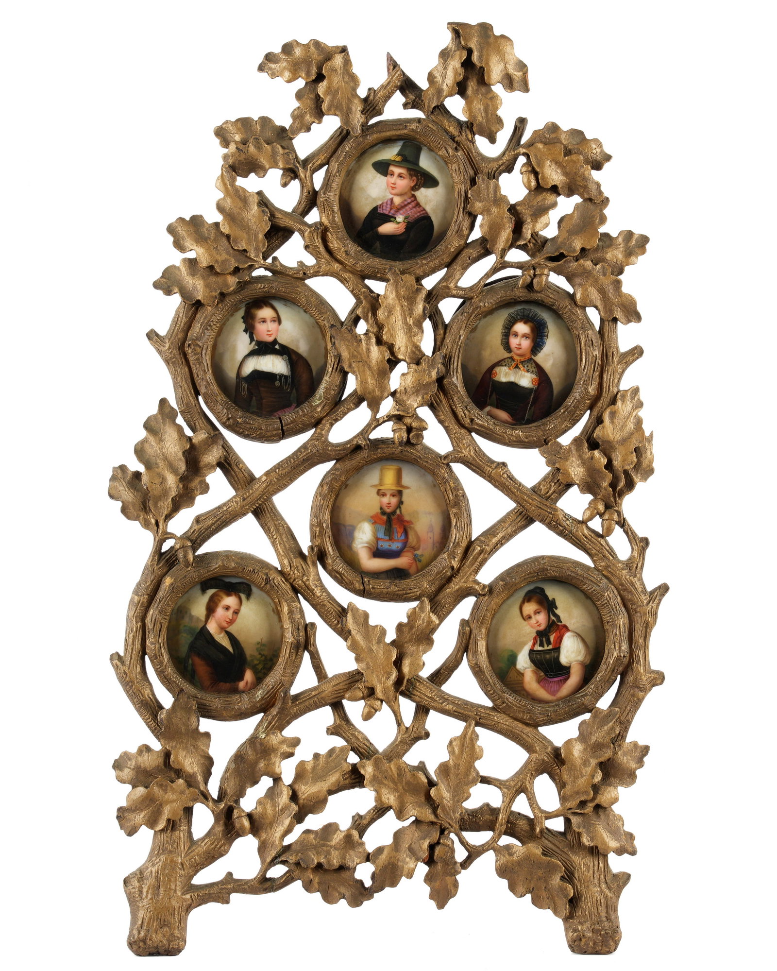 Six Miniature Portrait on Porcelain Ornate Frame: Collection of six 19th Century miniature portrait paintings on porcelain of women in various traditional dress, each measure 2.25" x 2". Worn and faded tags remain on several them on the back. All ins