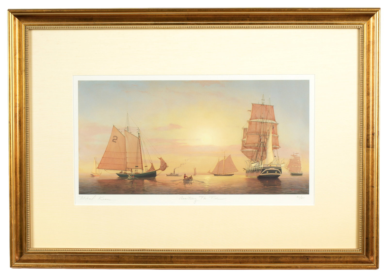 Michael Keane Awaiting the Tide Giclee Print: KEANE, Michael, (American, 20th/21st Century): "Awaiting the Tide", Giclee on Arches Paper, pencil signed lower left, titled center, numbered 26/85 lower right, sight size 12.5" x 23", framed 25.25" x