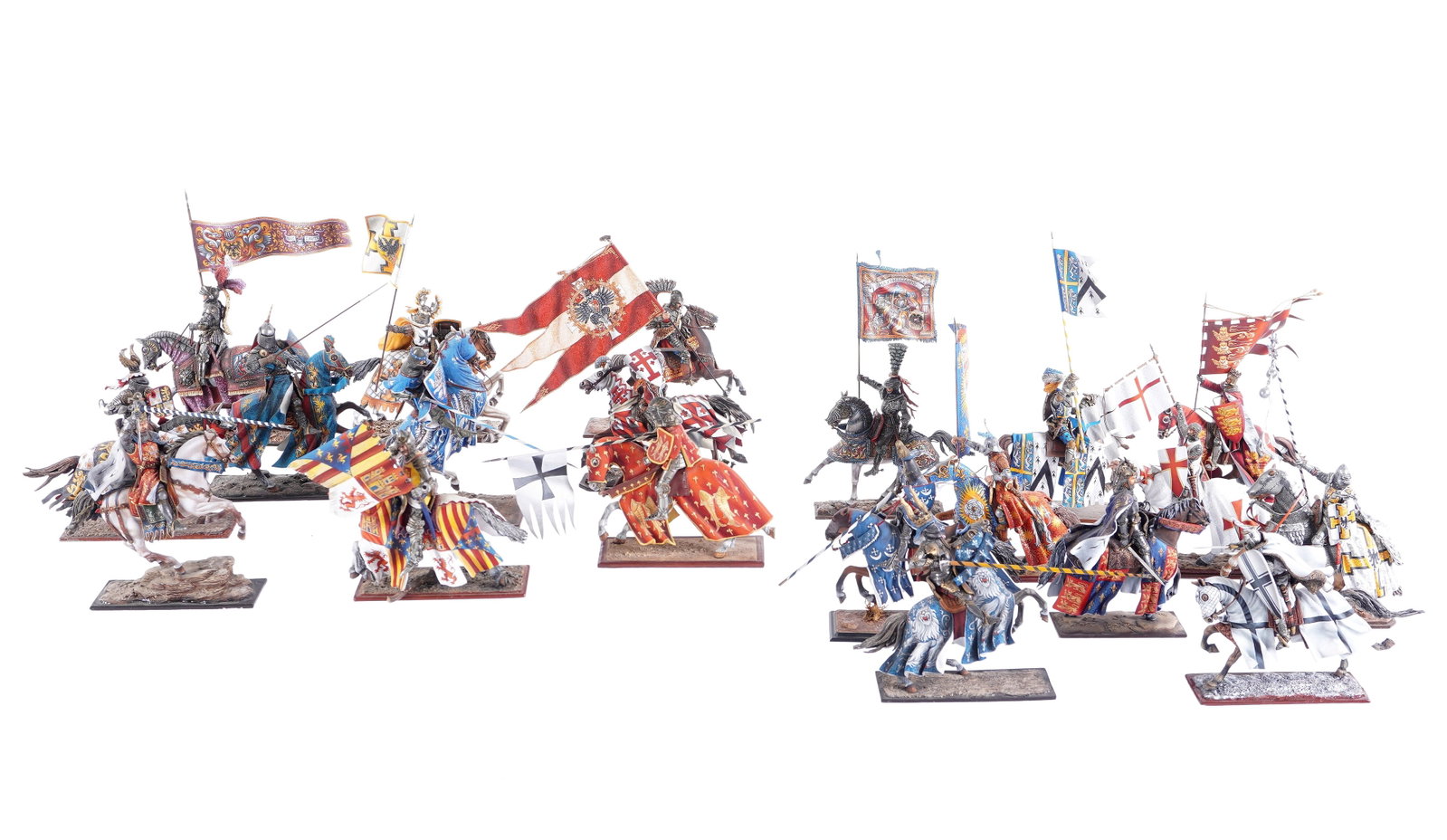 Collection 20 Aeroart Metal Toy Soldier Figurines: An assembled collection of 20 pieces total from assorted collections, all depicting horse and riders. No boxes. Tallest 7.5" h. Please note we are not experts in toy soldiers, all pieces appear to be 