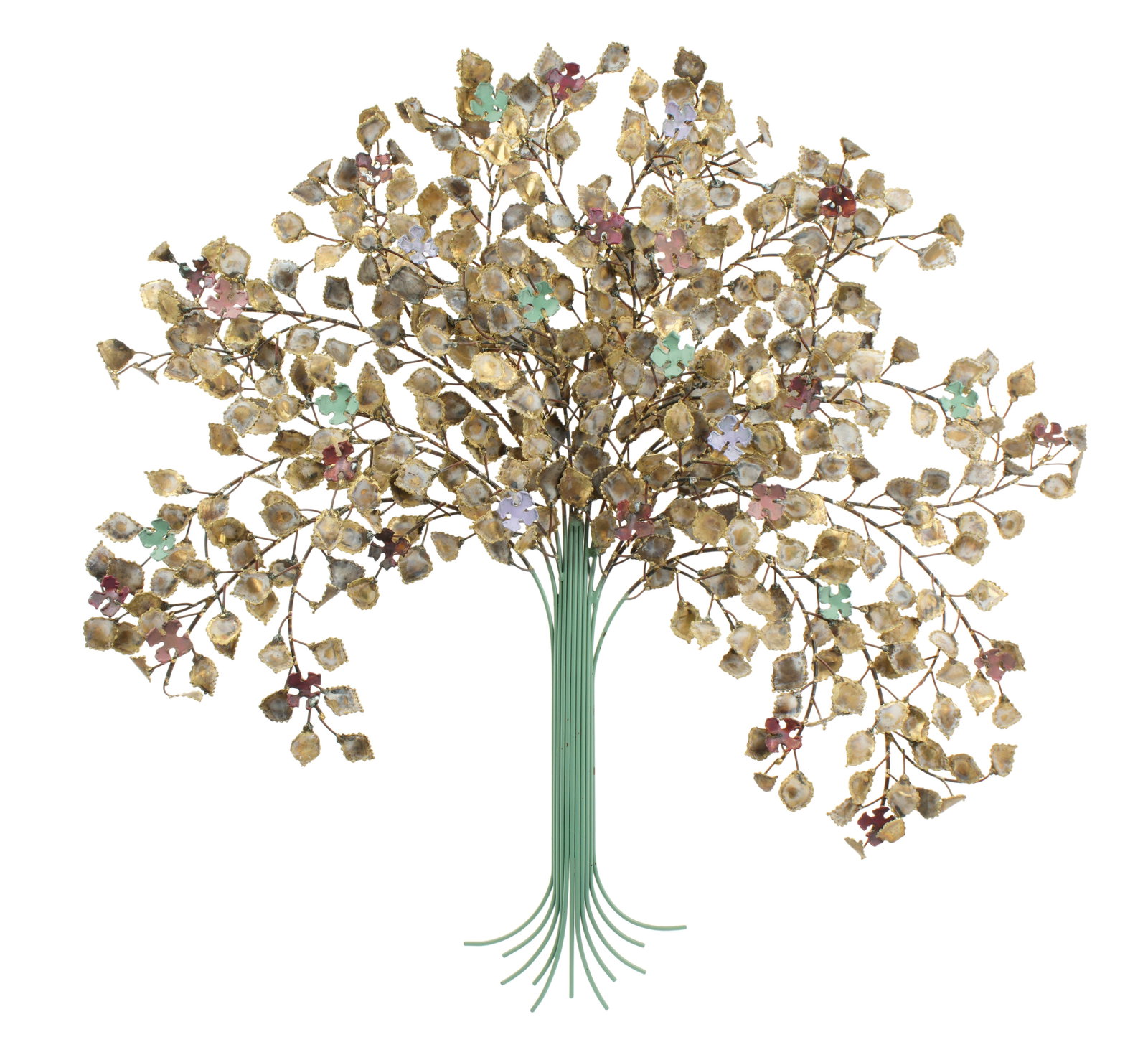 Gurtan Designs Painted Metal Wall Sculpture: Spring Blossom Tree" brass metal wall sculpture, polychrome paint decorated accents. overall 35" h. x 36". Minor wear to paint.