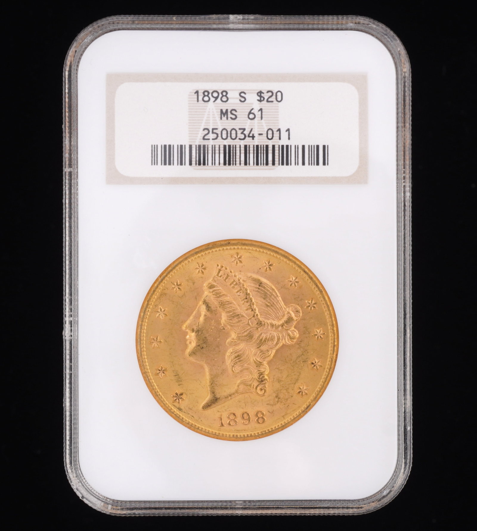 1898 Liberty $20 Gold US Coin NGC MS61: 1898 US $20 Gold coin, slabbed and graded MS61 by NGC.