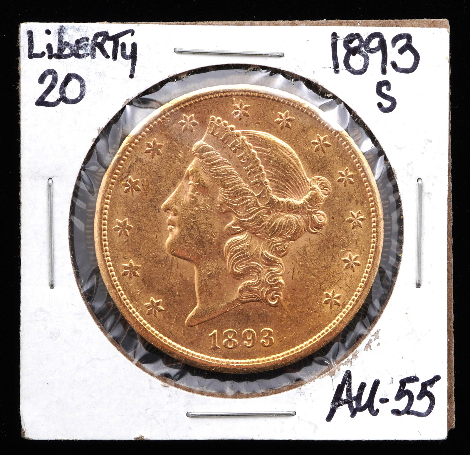 1893-S Liberty $20 Gold US Coin AU 55: 1893-S Liberty $20 Gold US coin, graded AU55. Grade based on knowledgeable collectors grade written on sleeve, not guaranteed to be correct when professionally graded.