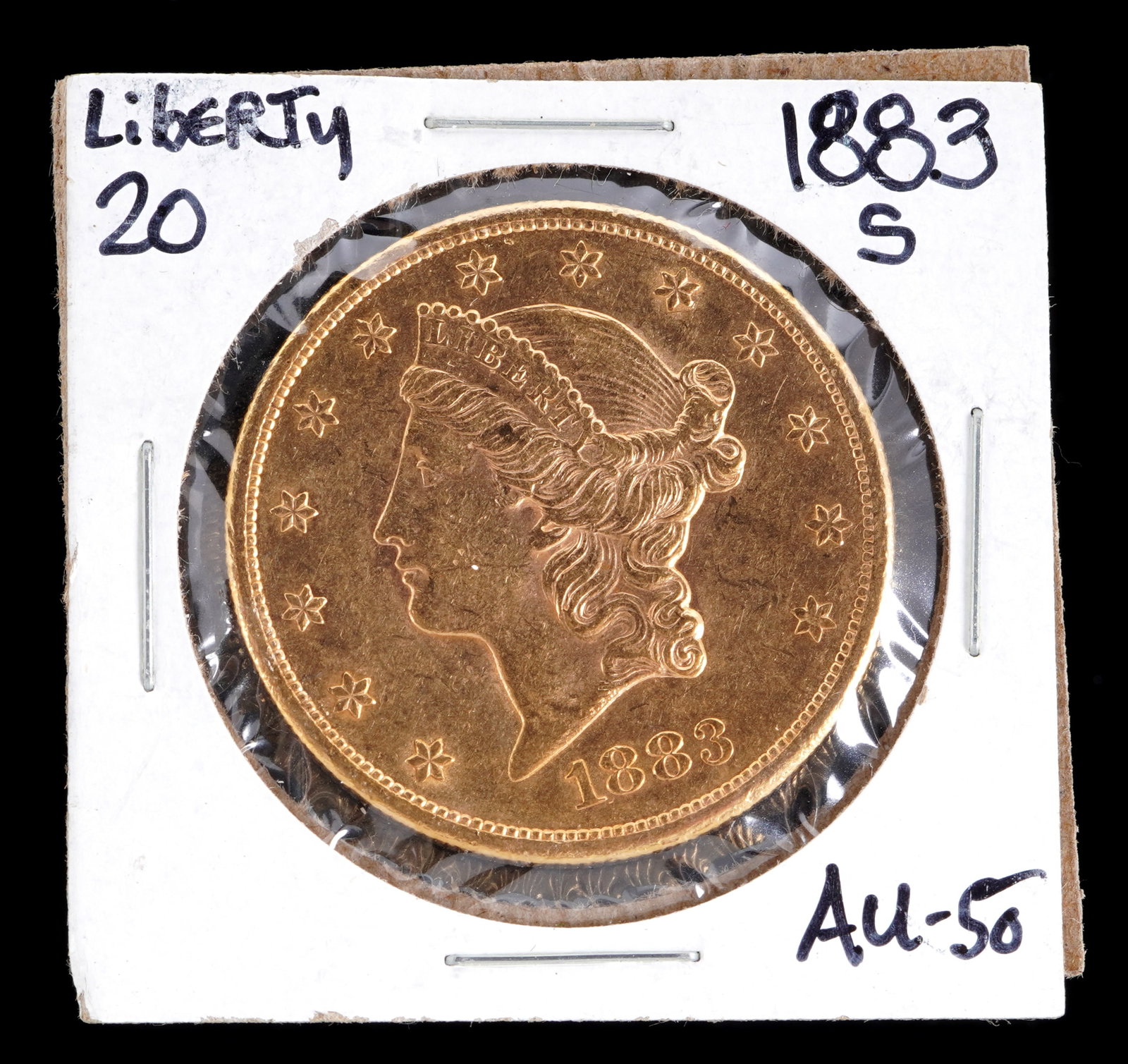 1883-S Liberty $20 Gold US Coin AU 50: 1883-S Liberty $20 Gold US coin, graded AU50. Grade based on knowledgeable collectors grade written on sleeve, not guaranteed to be correct when professionally graded.