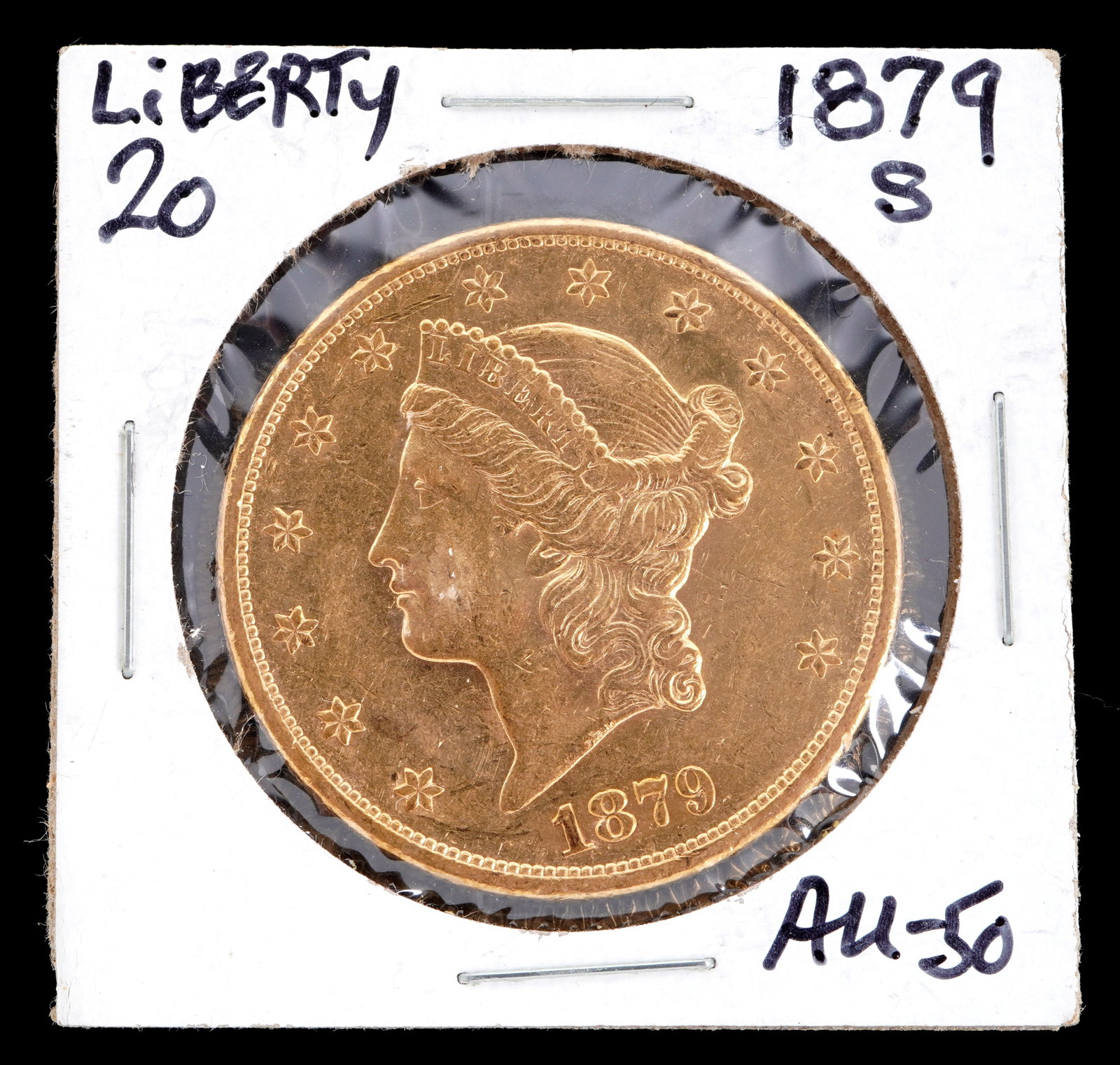 1879-S Liberty $20 Gold US Coin AU 50: 1879-S Liberty $20 Gold US coin, graded AU50. Grade based on knowledgeable collectors grade written on sleeve, not guaranteed to be correct when professionally graded.