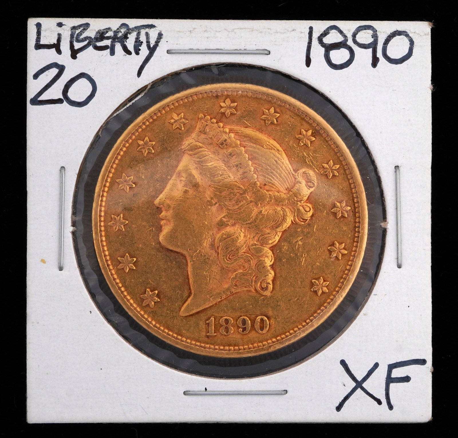 1890 Liberty $20 Gold US Coin XF: 1890 Liberty $20 Gold US coin, graded XF. Grade based on knowledgeable collectors grade written on sleeve, not guaranteed to be correct when professionally graded.