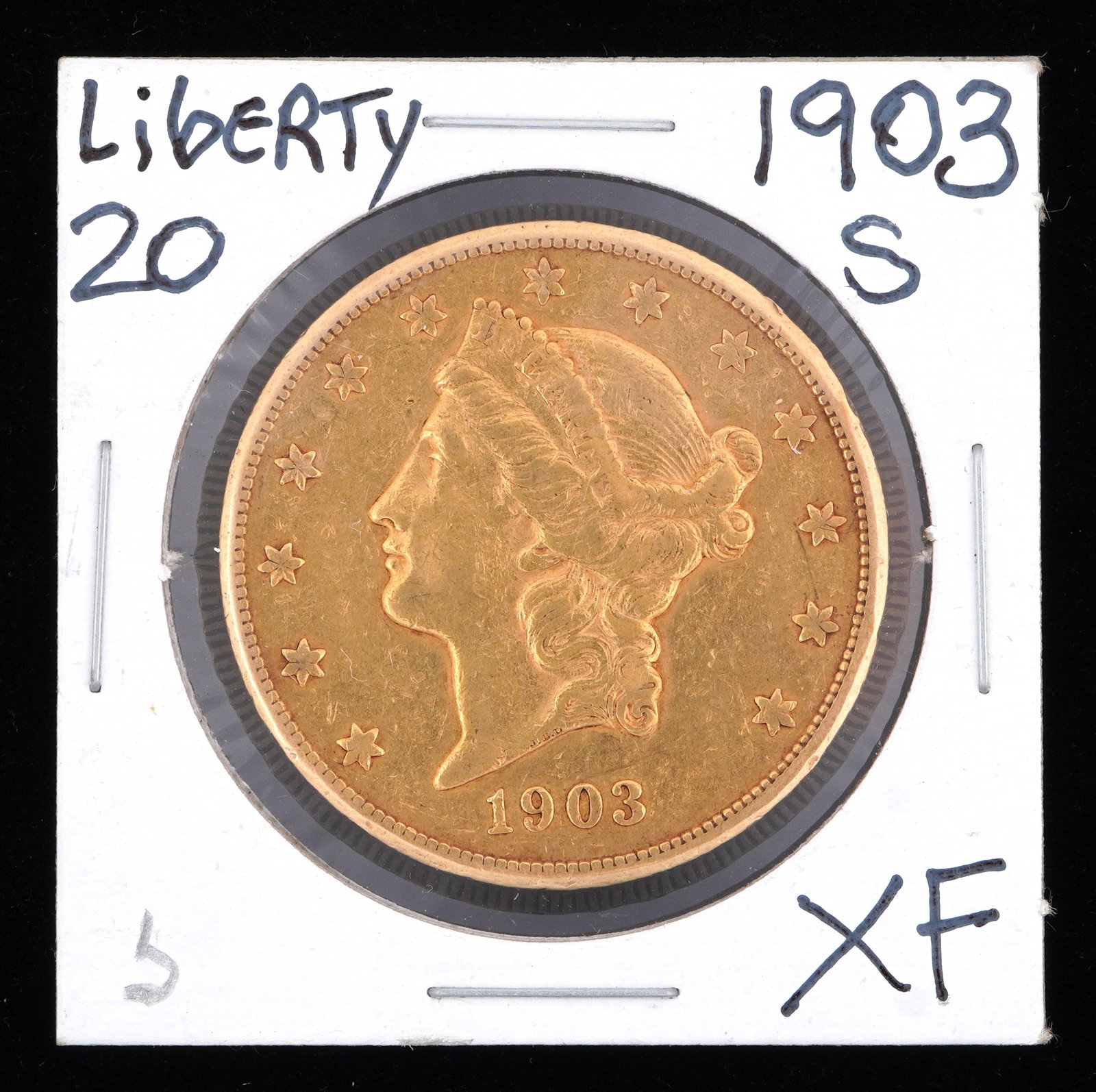 1903-S Liberty $20 Gold US Coin XF: 1903-S Liberty $20 Gold US coin, graded XF. Grade based on knowledgeable collectors grade written on sleeve, not guaranteed to be correct when professionally graded.