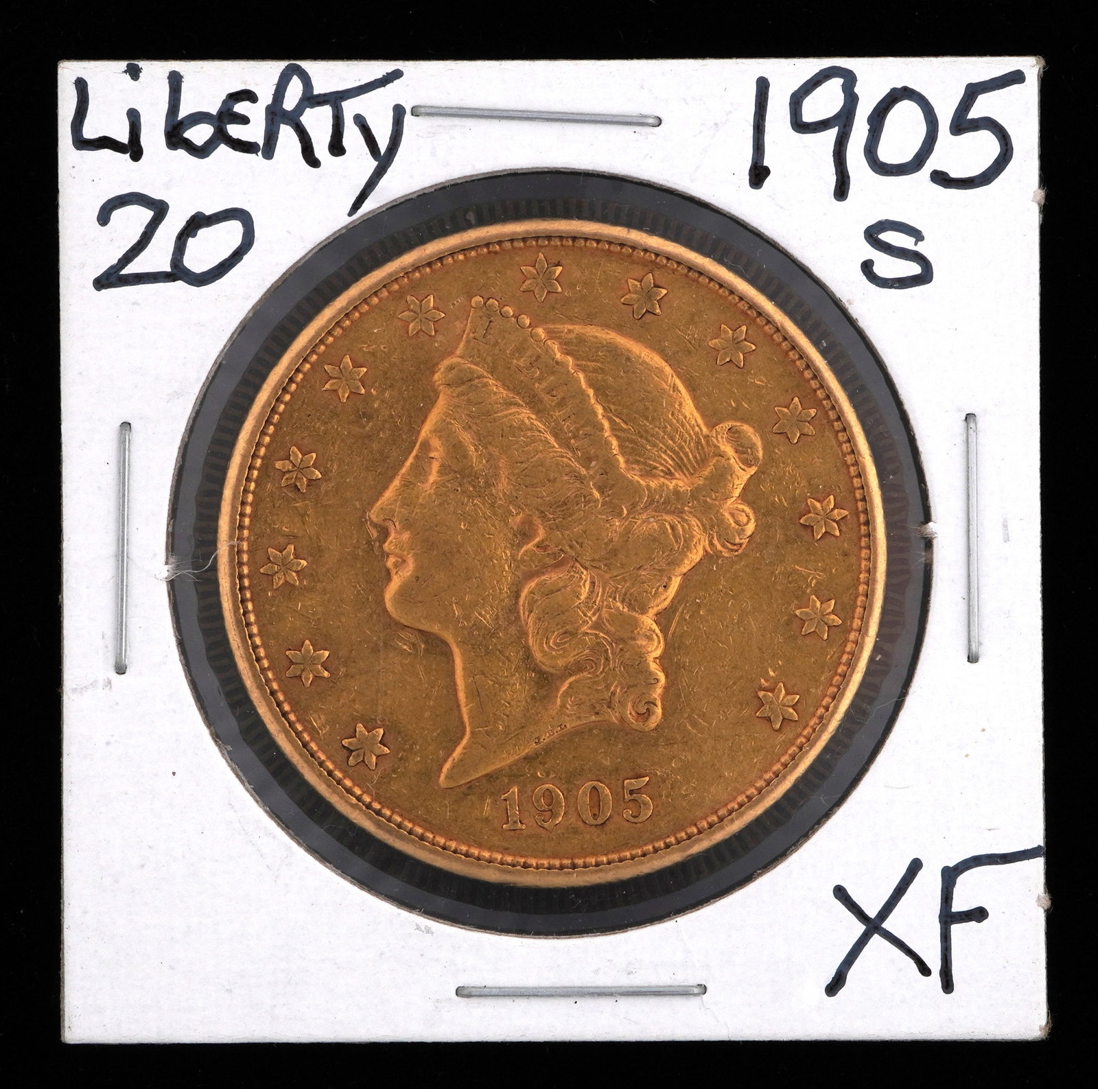 1905-S Liberty $20 Gold US Coin XF: 1905-S Liberty $20 Gold US coin, graded XF. Grade based on knowledgeable collectors grade written on sleeve, not guaranteed to be correct when professionally graded.