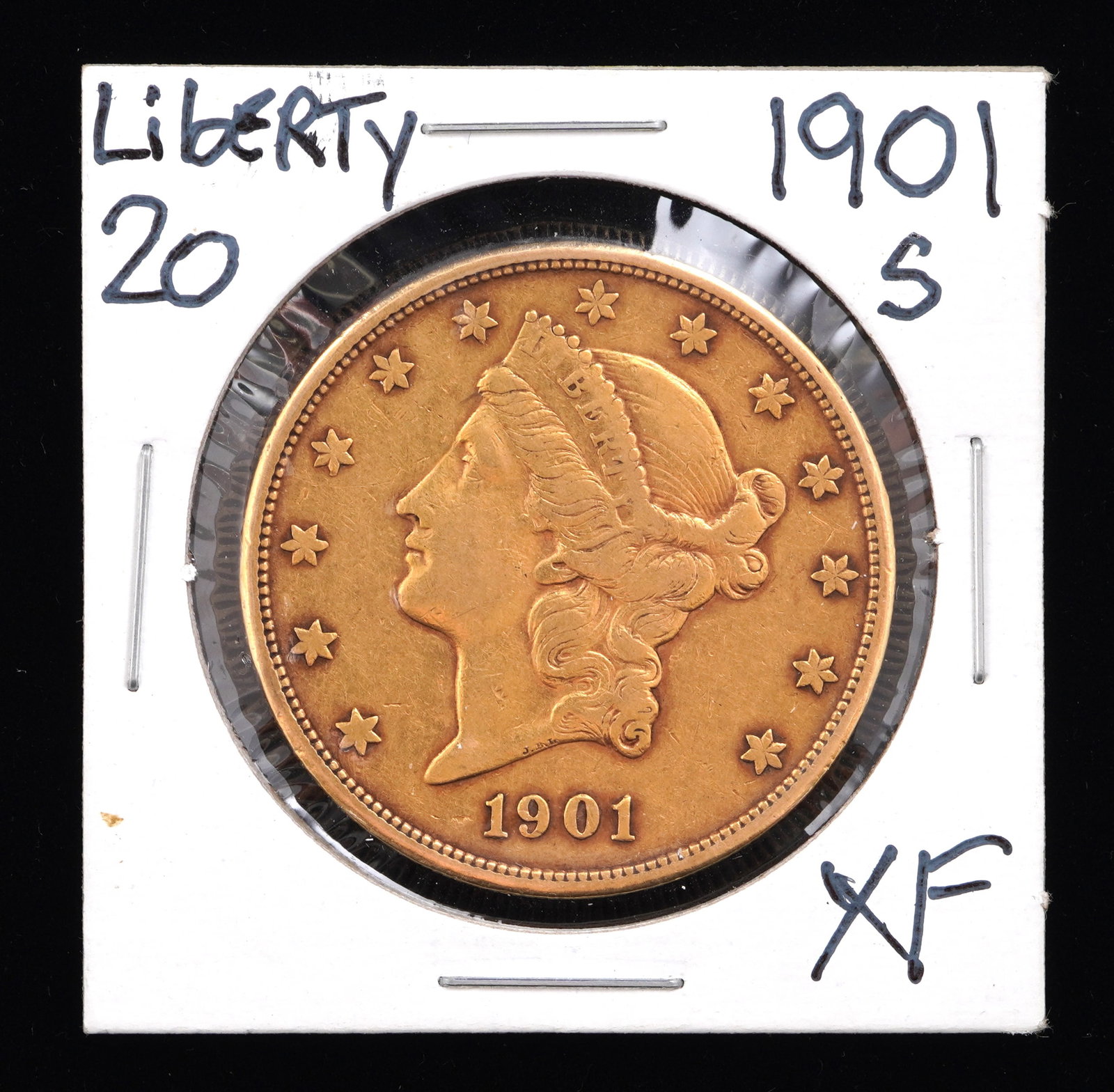 1901-S Liberty $20 Gold US Coin XF: 1901 Liberty $20 Gold US coin, graded XF. Grade based on knowledgeable collectors grade written on sleeve, not guaranteed to be correct when professionally graded.