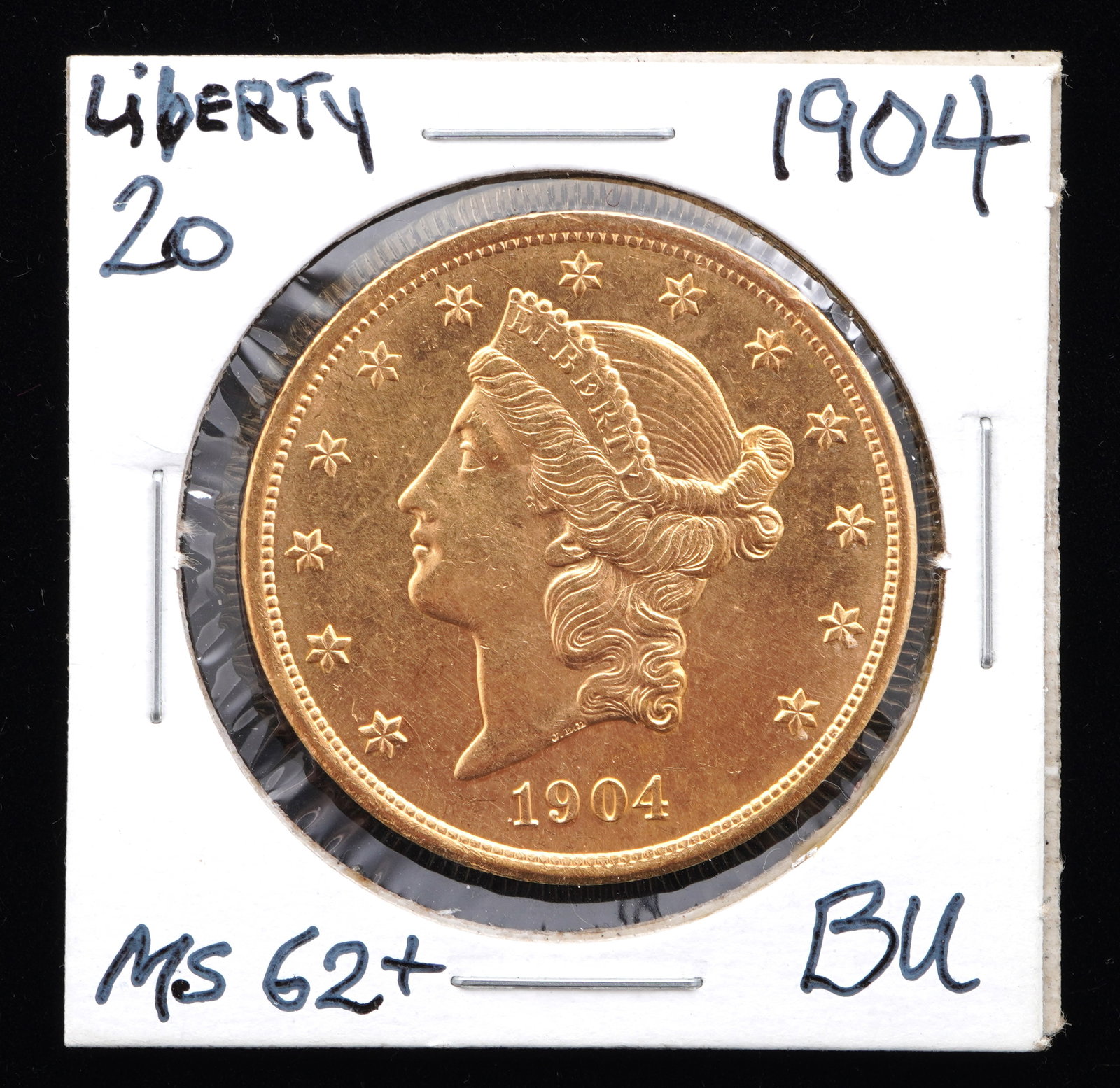 1904 Liberty $20 Gold US Coin BU MS 62+: 1904 Liberty $20 Gold US coin, graded BU MS62+. Grade based on knowledgeable collectors grade written on sleeve, not guaranteed to be correct when professionally graded.