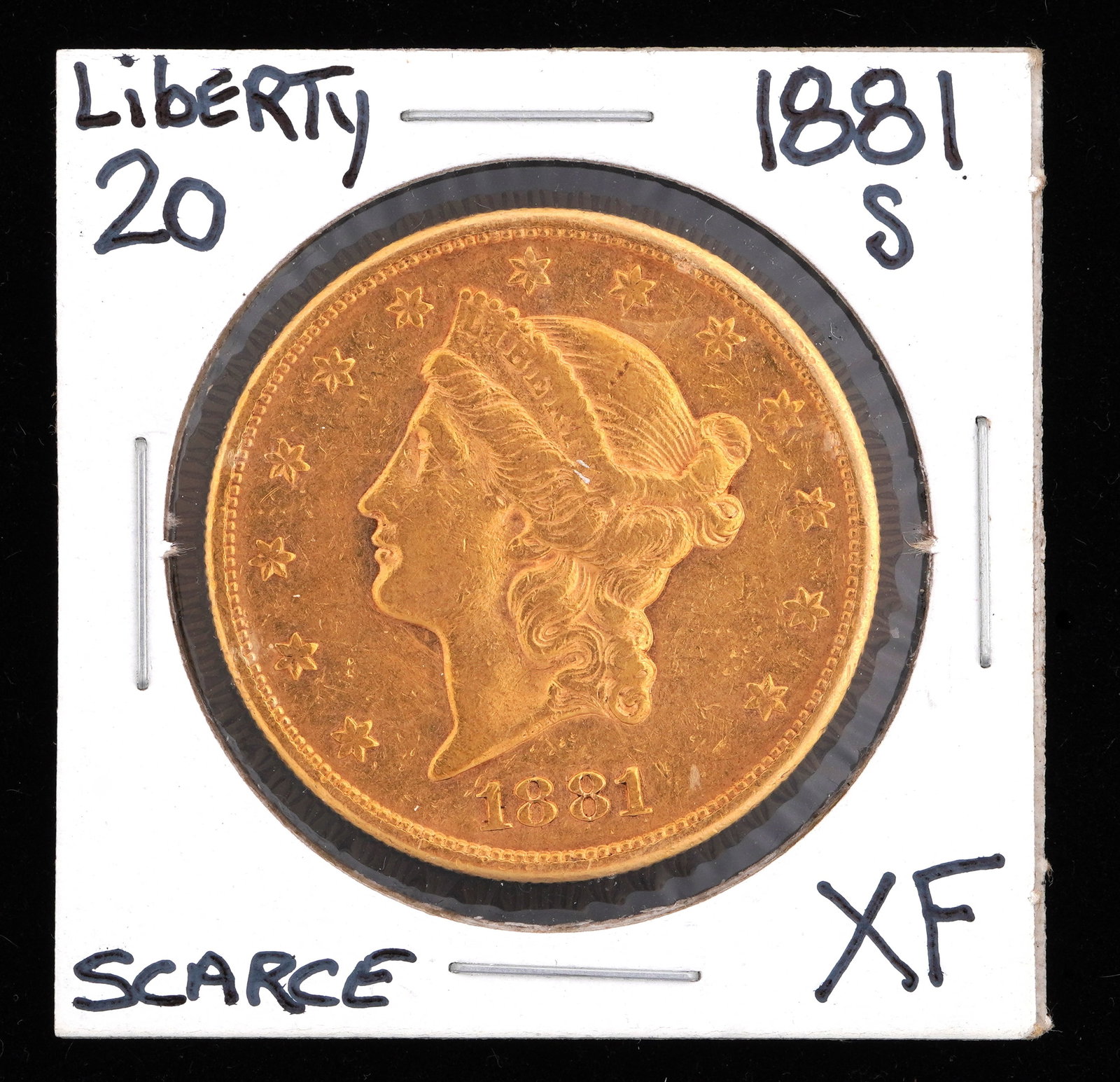 1881-S Liberty $20 Gold US Coin XF: 1881-S Liberty $20 Gold US coin, graded XF. Grade based on knowledgeable collectors grade written on sleeve, not guaranteed to be correct when professionally graded.