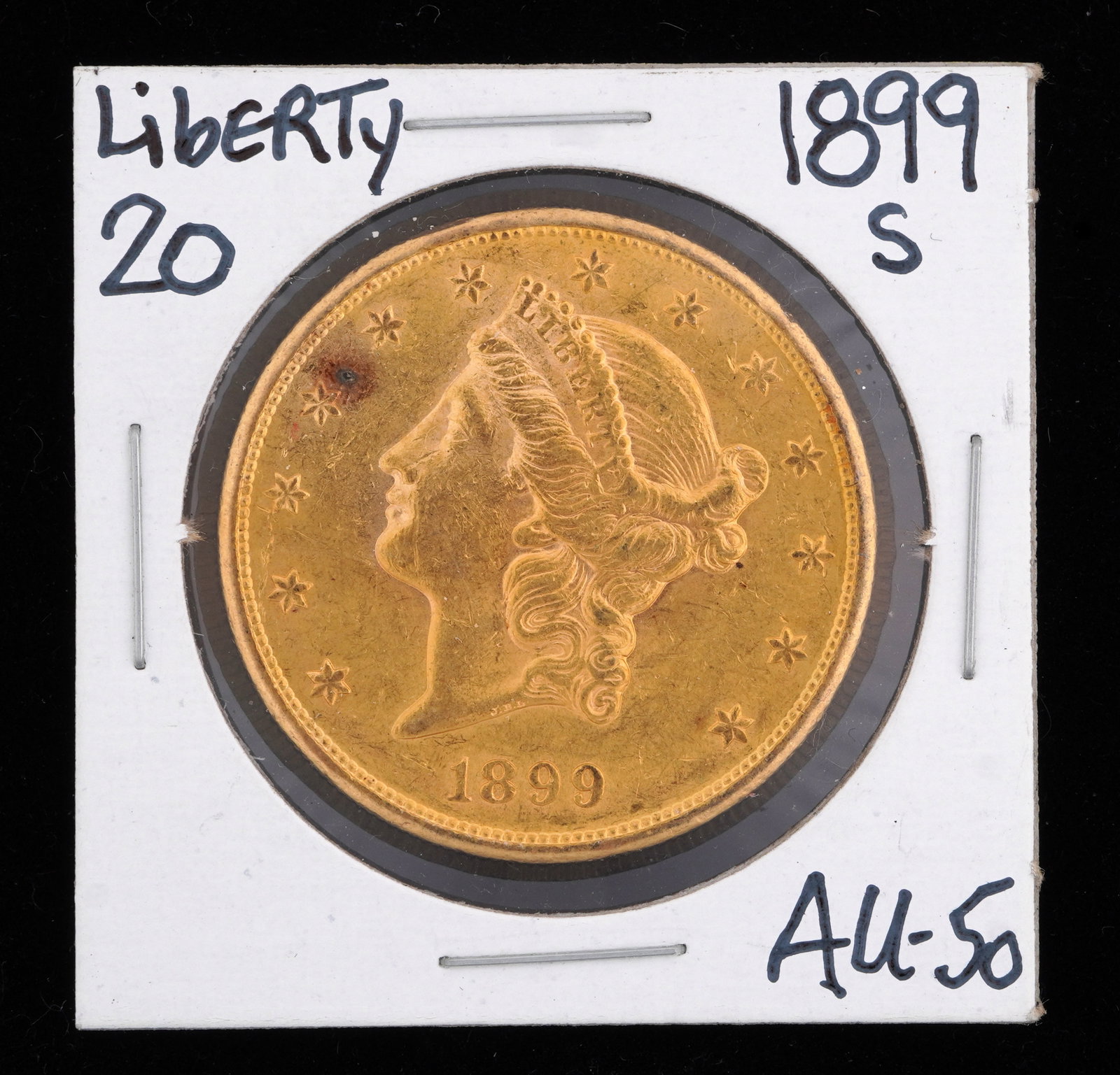 1899-S Liberty $20 Gold US Coin AU 50: 1899-S Liberty $20 Gold US coin, graded AU50. Grade based on knowledgeable collectors grade written on sleeve, not guaranteed to be correct when professionally graded.