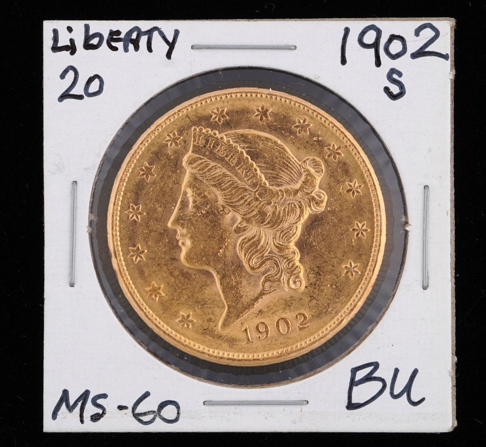 1902-S Liberty $20 Gold US Coin BU: 1902-S Liberty $20 Gold US coin, graded BU. Grade based on knowledgeable collectors grade written on sleeve, not guaranteed to be correct when professionally graded.