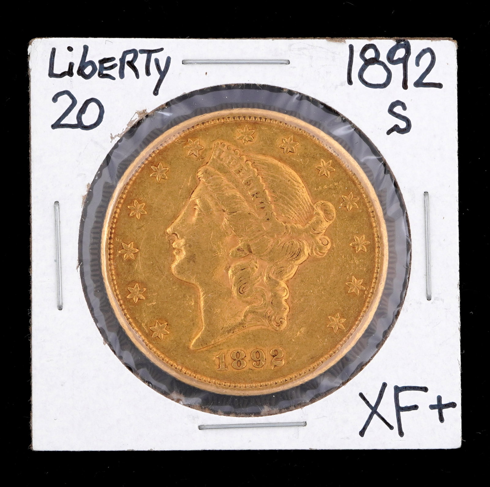 1892-S Liberty $20 Gold US Coin XF+: 1892-S Liberty $20 Gold US coin, graded XF+. Grade based on knowledgeable collectors grade written on sleeve, not guaranteed to be correct when professionally graded.